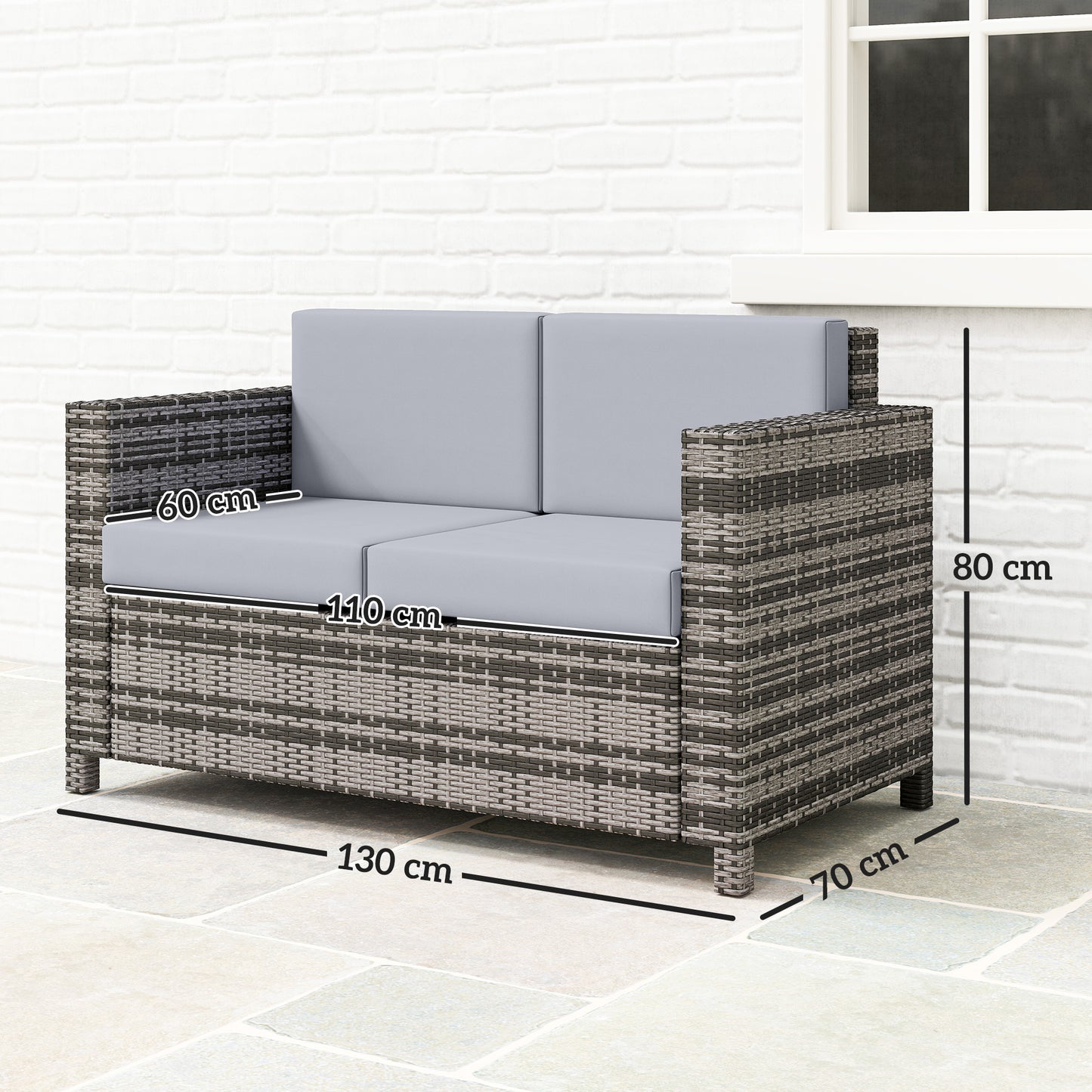 Outsunny Rattan Loveseat 2 Seater Garden Furniture With Cushions And Armrests Water Resistant Wicker Patio Grey Mix