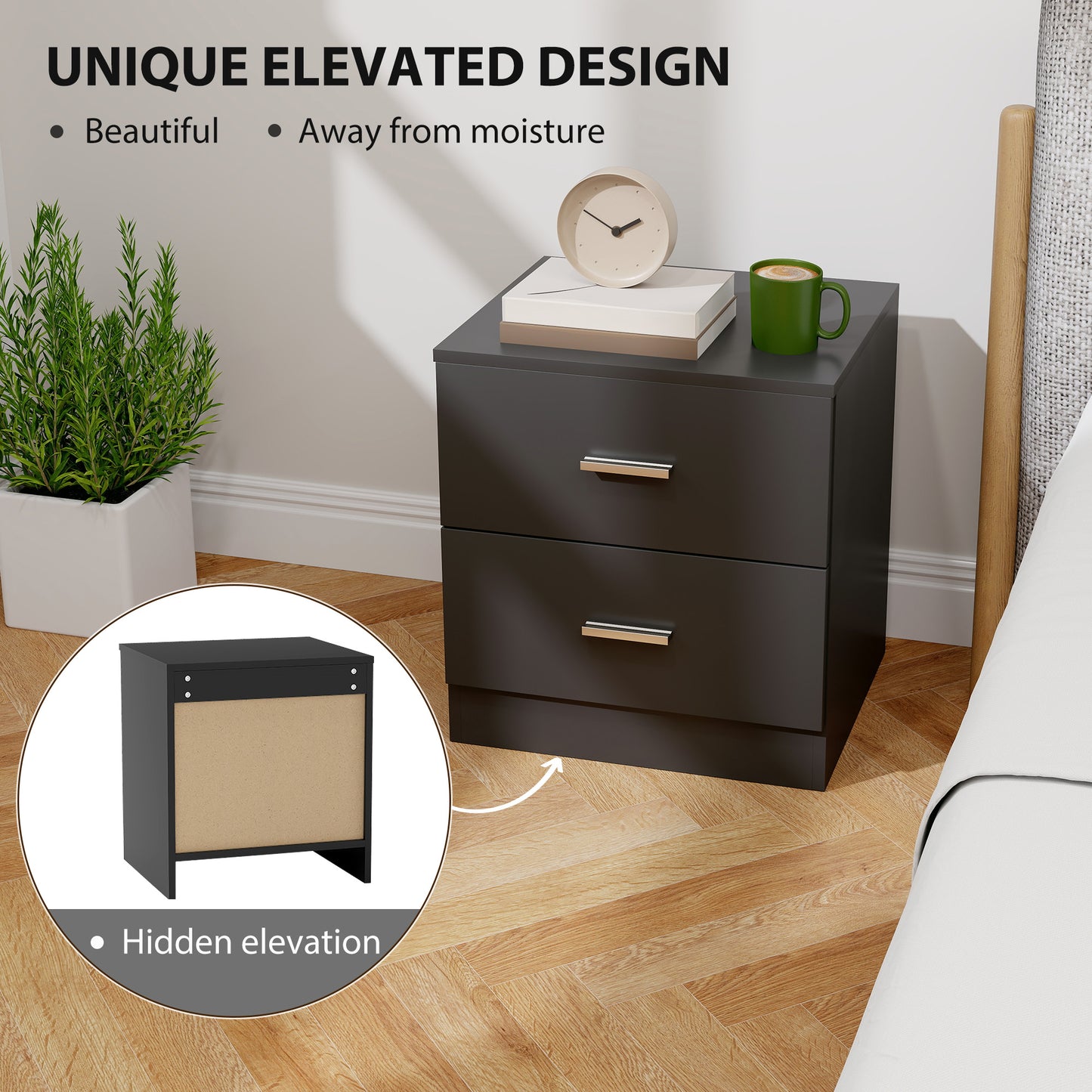 HOMCOM Modern Bedside Table With Two Drawers Black For Bedroom And Living Room Ideal Nightstand