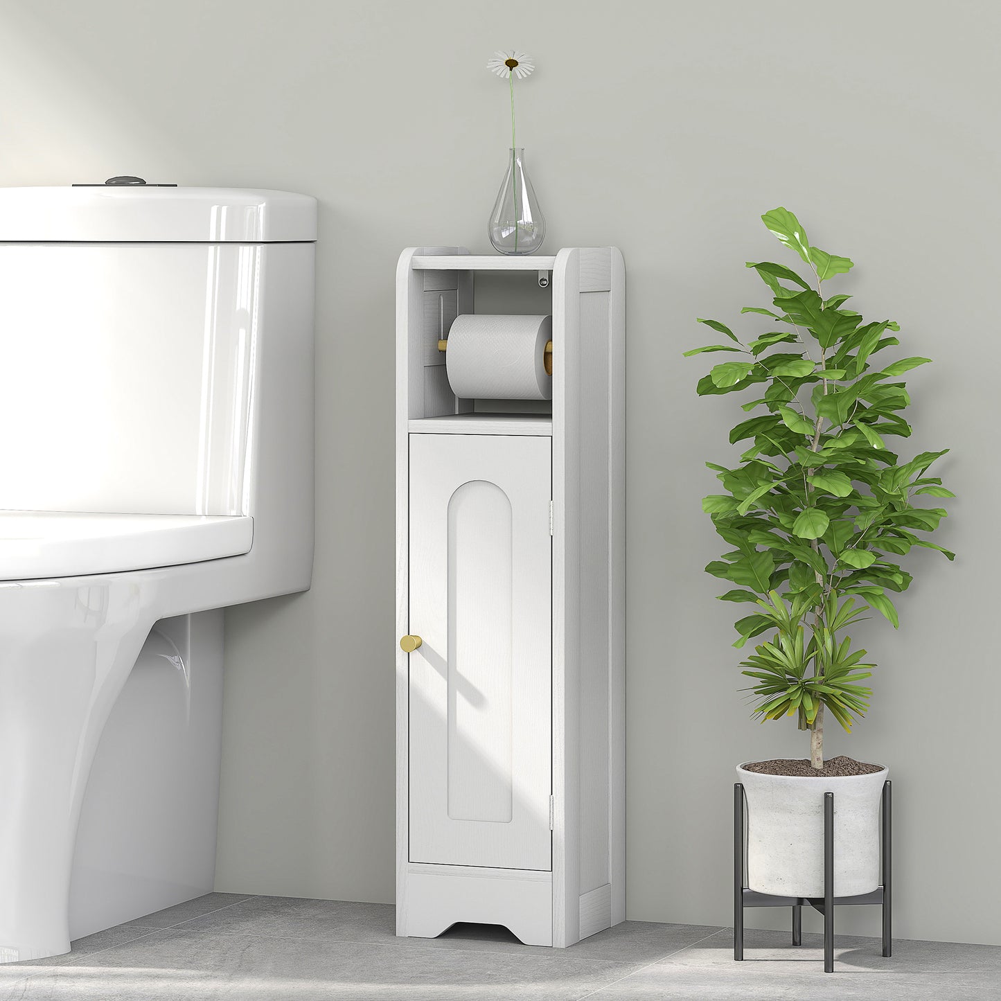 HOMCOM Slim White Bathroom Storage Cabinet With Toilet Roll Holder And Adjustable Shelf Two Tier