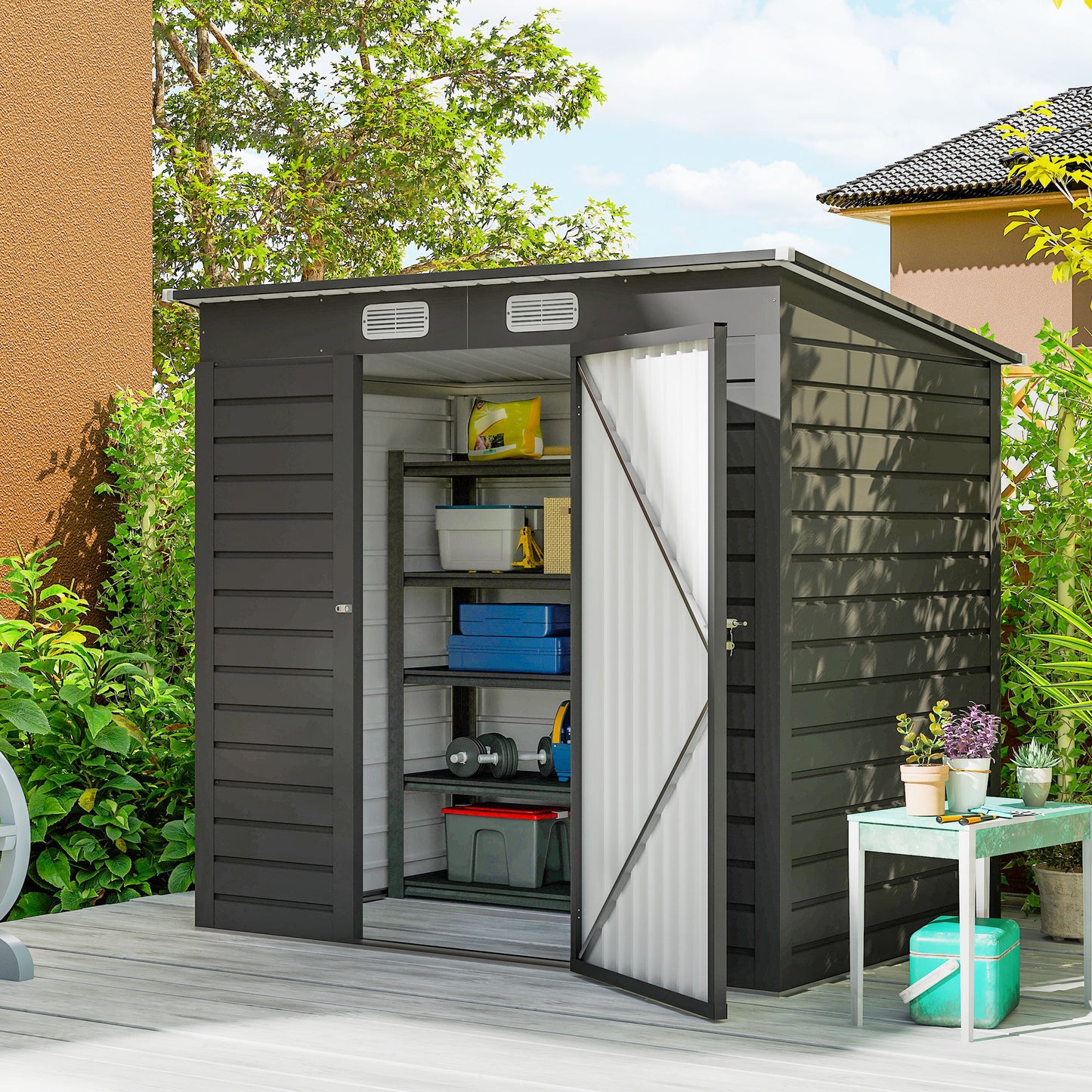 Outsunny 4 x 6ft Galvanised Metal Garden Shed With Locking Door Grey Weather Resistant Outdoor Storage for Tools
