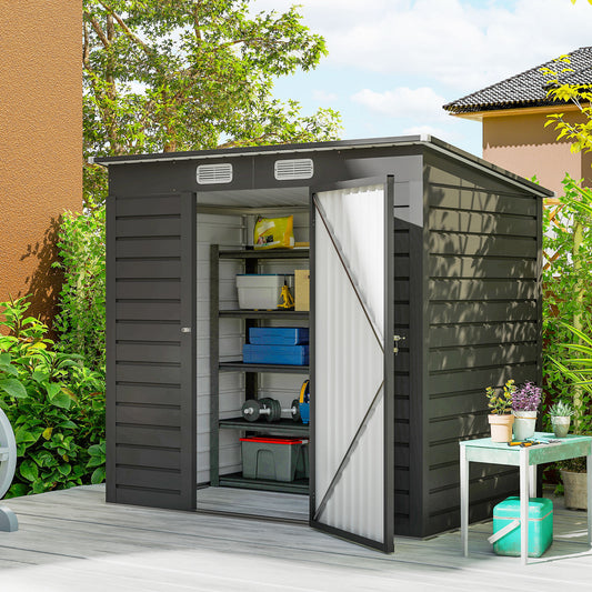 Outsunny 4 x 6ft Galvanised Metal Garden Shed With Locking Door Grey Weather Resistant Outdoor Storage for Tools