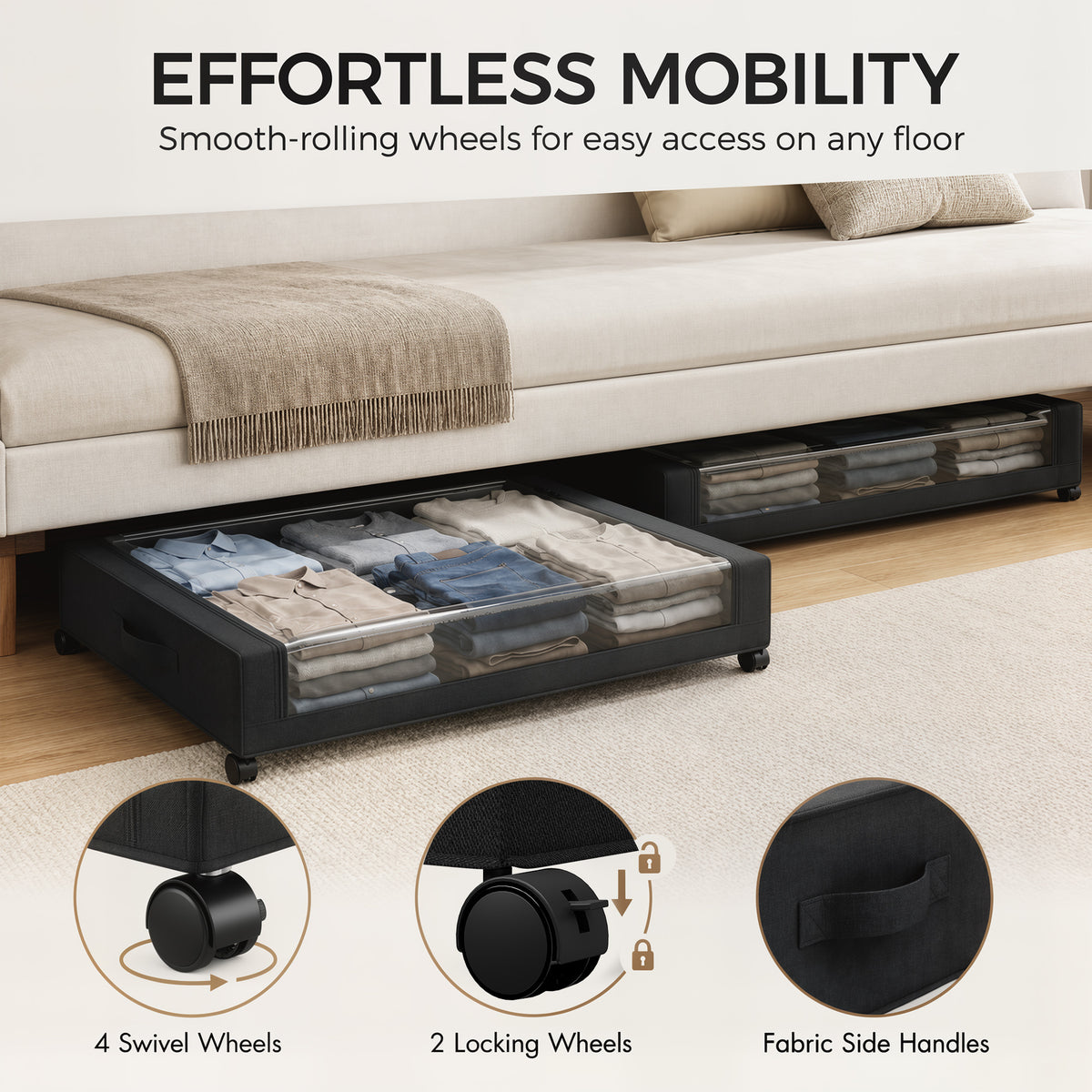 Wheeled Under Bed Storage Drawers Pack Of 2 40L Capacity With Clear Lids