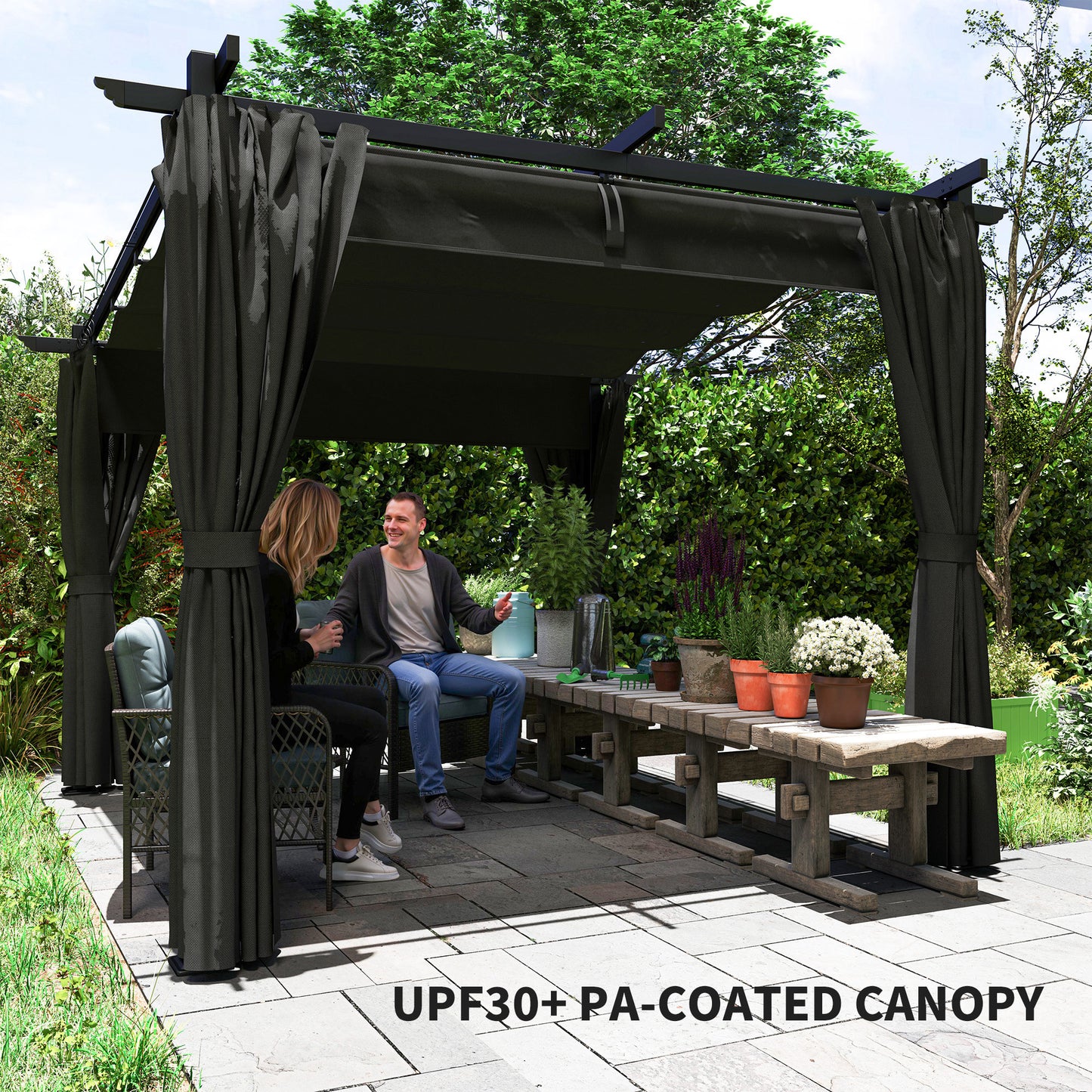 Outsunny 3 x 3 m Retractable Roof Pergola With Curtains Dark Grey Outdoor Patio Shade