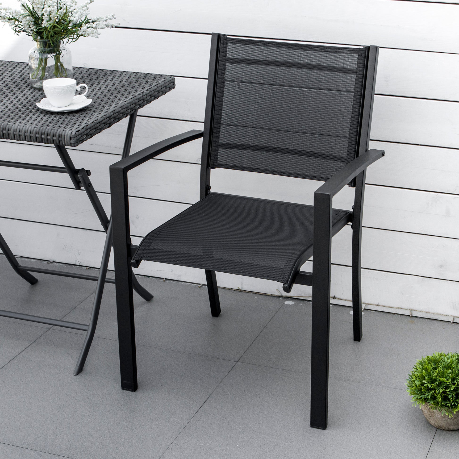 Outsunny Set 2 Outdoor Garden Chairs Steel Frame Texteline Seats Dining Patio Balcony Black - ALL4U RETAILER LTD