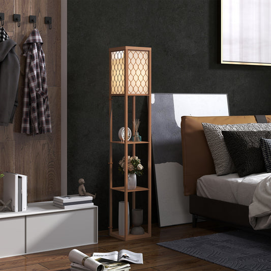 HOMCOM Three Shelf Standing Lamp Natural Wood Finish Tall Narrow Design With Overhead Reading Light And Storage