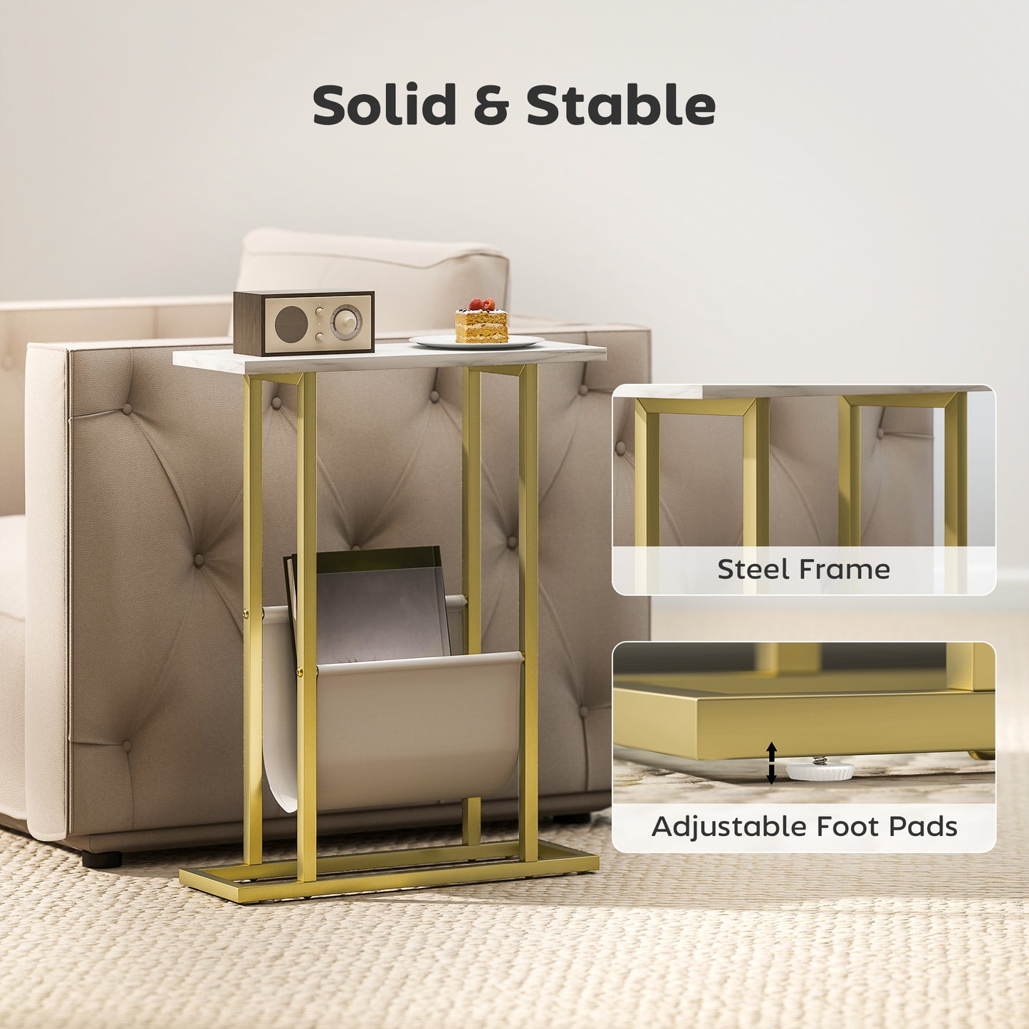 HOMCOM Narrow Side Table With Magazine Holder End Table For Small Spaces Living Room Bedroom White Marble Grain