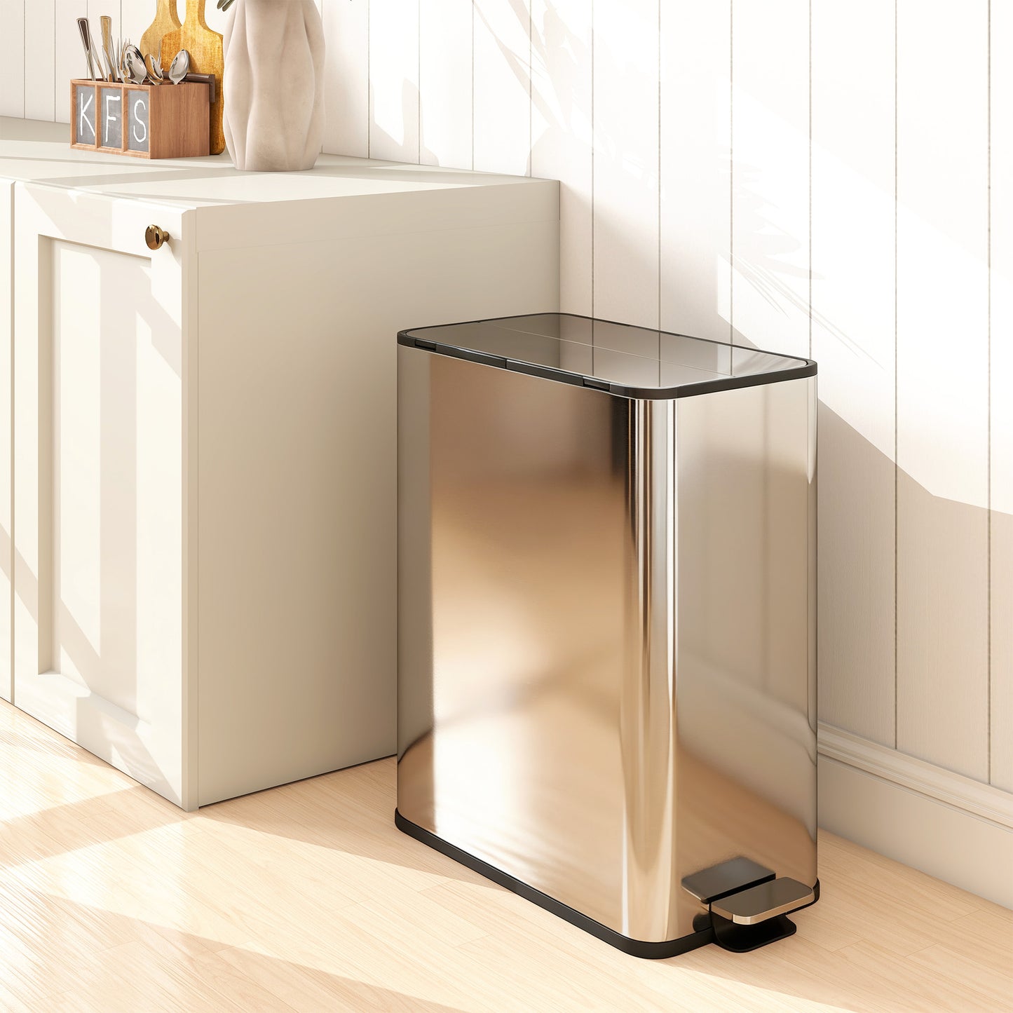 HOMCOM Dual Kitchen Bin With Soft Close Butterfly Lid 2 x 28L Stainless Steel Pedal Bins Fingerprint Proof Silver Tone