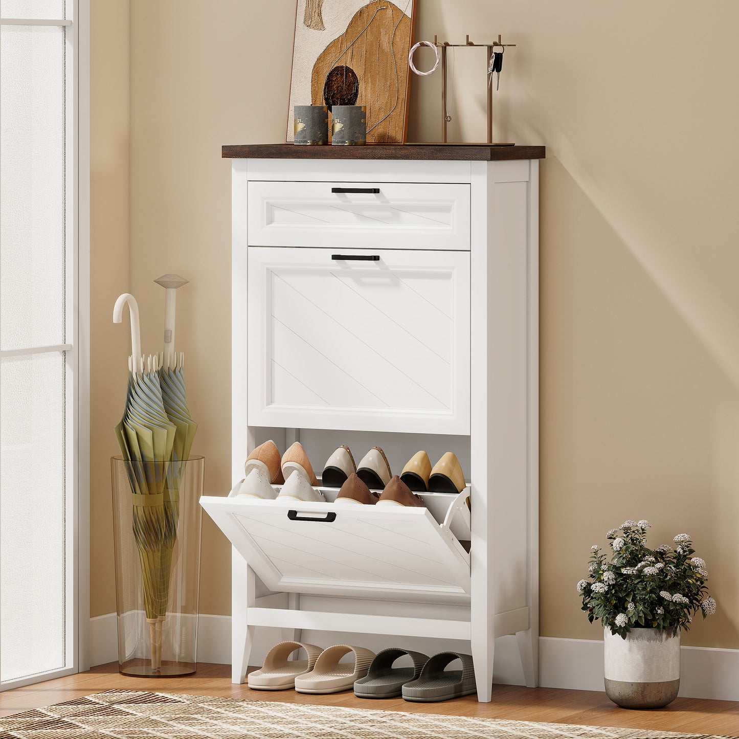 Homcom White Farmhouse Narrow Shoe Cabinet With Two Flip Drawers And Adjustable Shelves For 8 To 12 Pairs