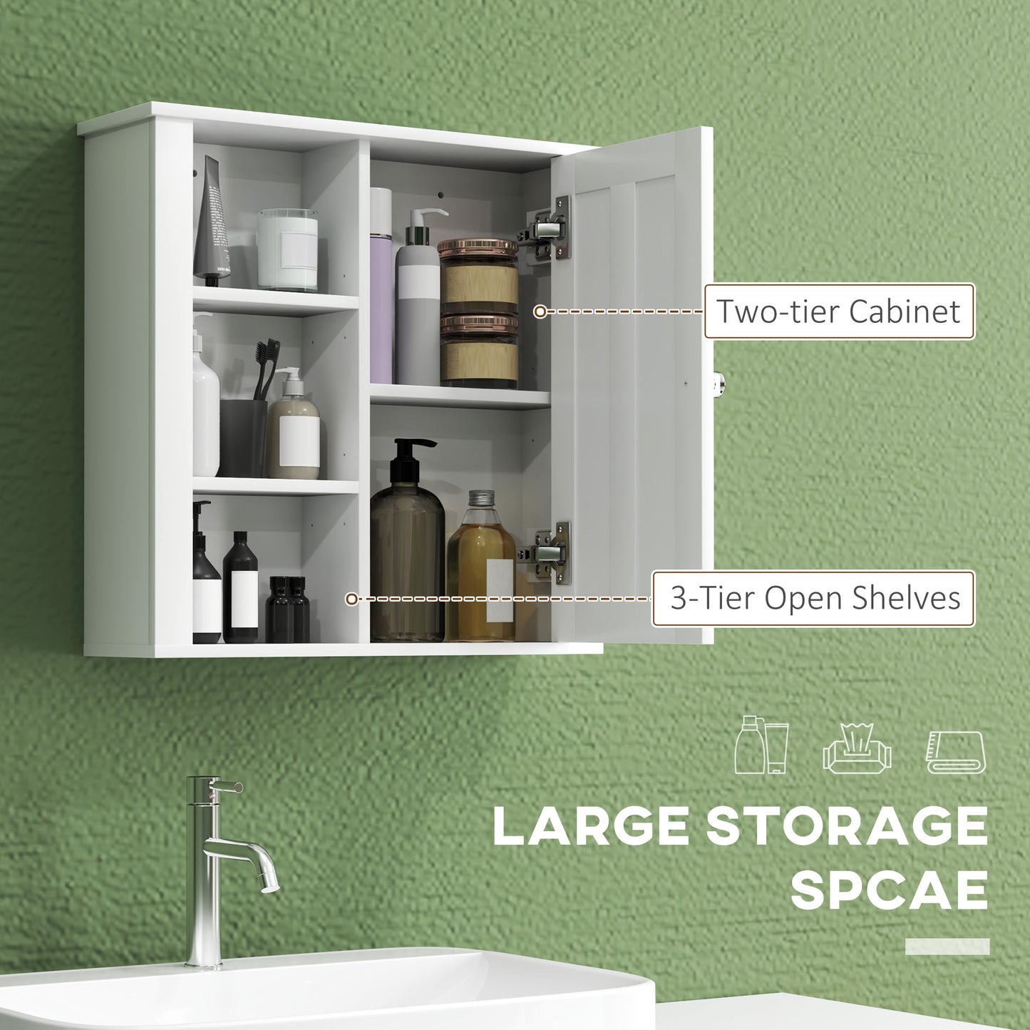 HOMCOM Wall Mounted Bathroom Storage Cabinet White With Two Shelves And Three Open Side Shelves