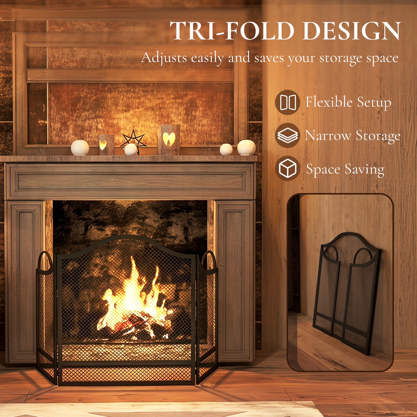 HOMCOM Floral Folding Fireplace Screen Heat Resistant Black