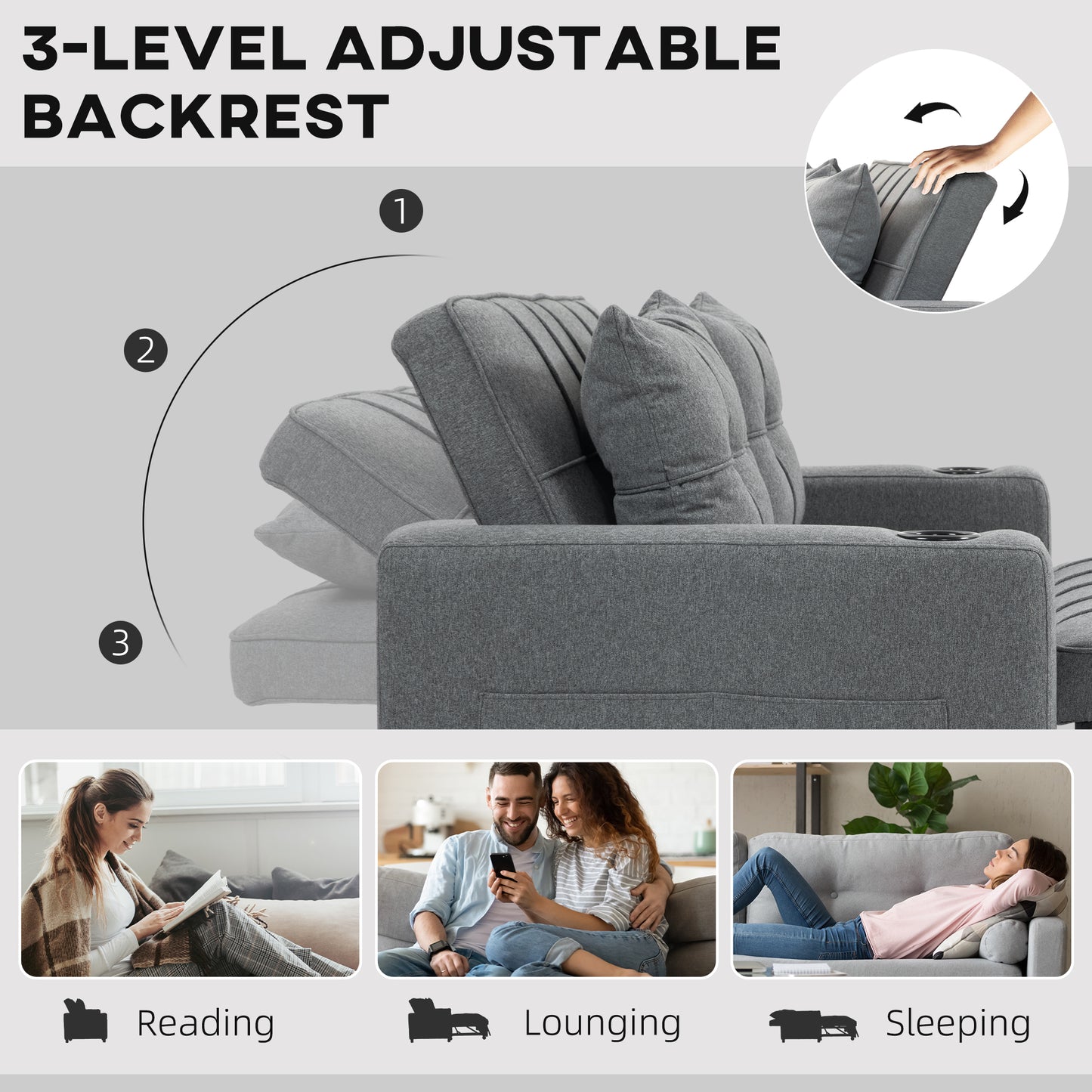 HOMCOM Two Seater Pull Out Sofa Bed Charcoal Grey Adjustable Back Linen Look Upholstery