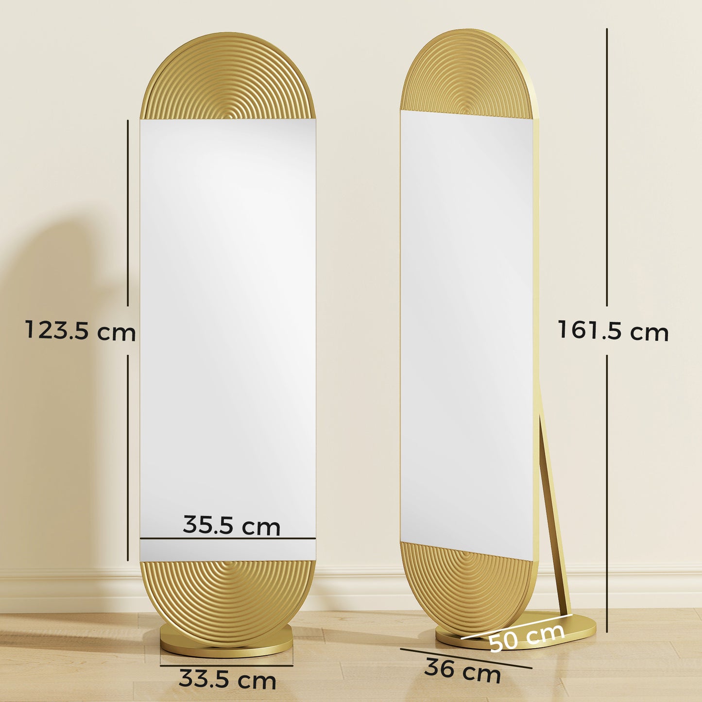HOMCOM 161 Cm Wavy Full Length Mirror Free Standing Gold Tone Metal Frame With Solid Base