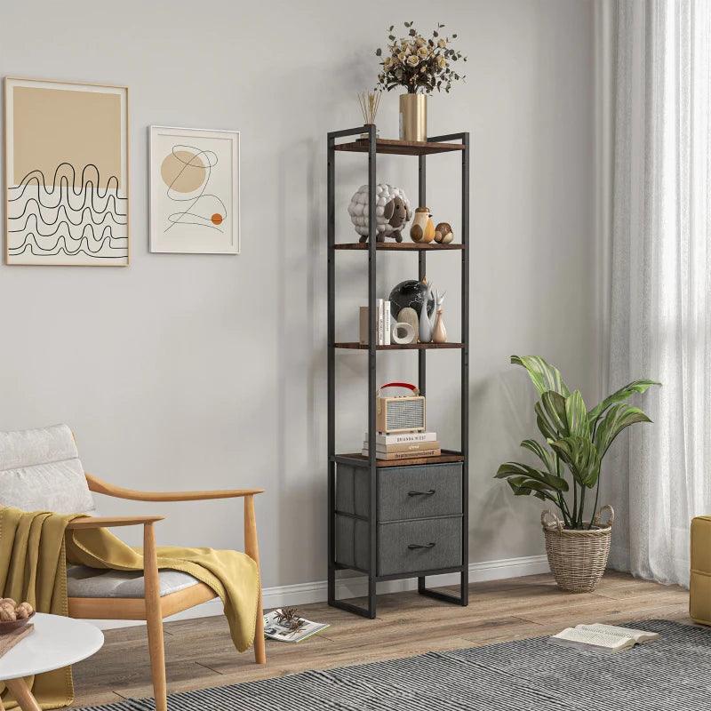 HOMCOM Industrial Bookcase - 4-Tier Storage Shelf with 2 Fabric Drawers and Metal Frame, Rustic Brown, for Living Room or Bedroom - ALL4U RETAILER LTD