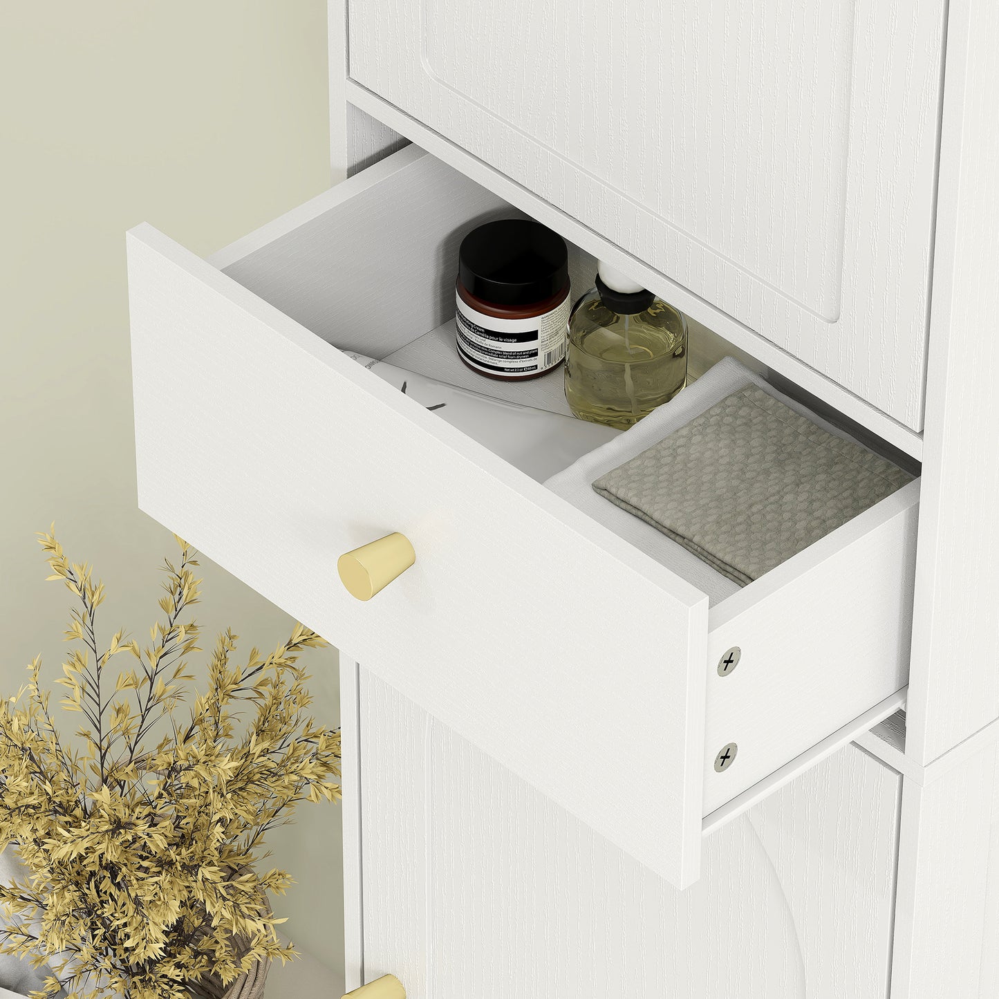 HOMCOM Tall Bathroom Cabinet With Arched Doors White Slim Storage With Two Cupboards And Middle Drawer