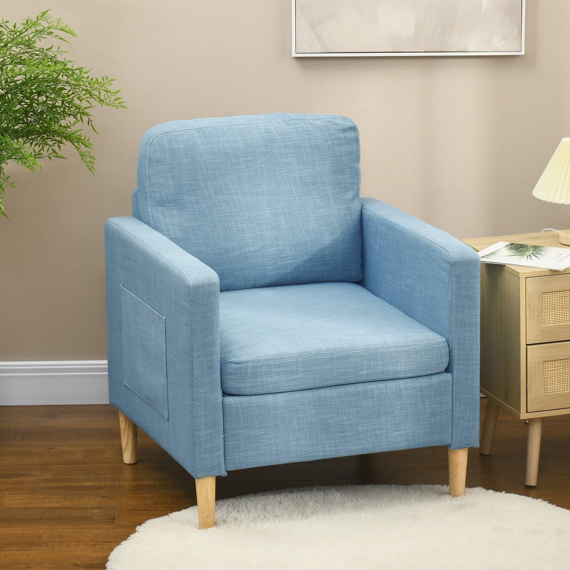 HOMCOM Modern Armchair Upholstered Accent Chair for Bedroom Home Office Blue - ALL4U RETAILER LTD