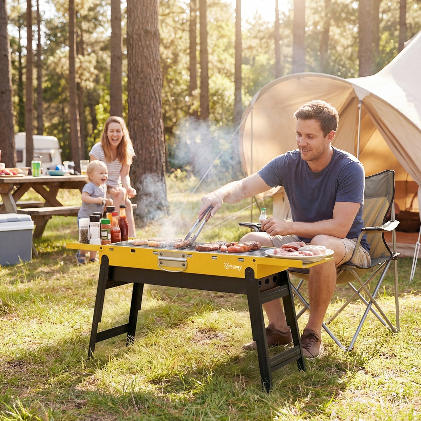 Outsunny Yellow Portable Foldable Charcoal BBQ Grill For Camping And Picnics With Two Side Shelves And Handle