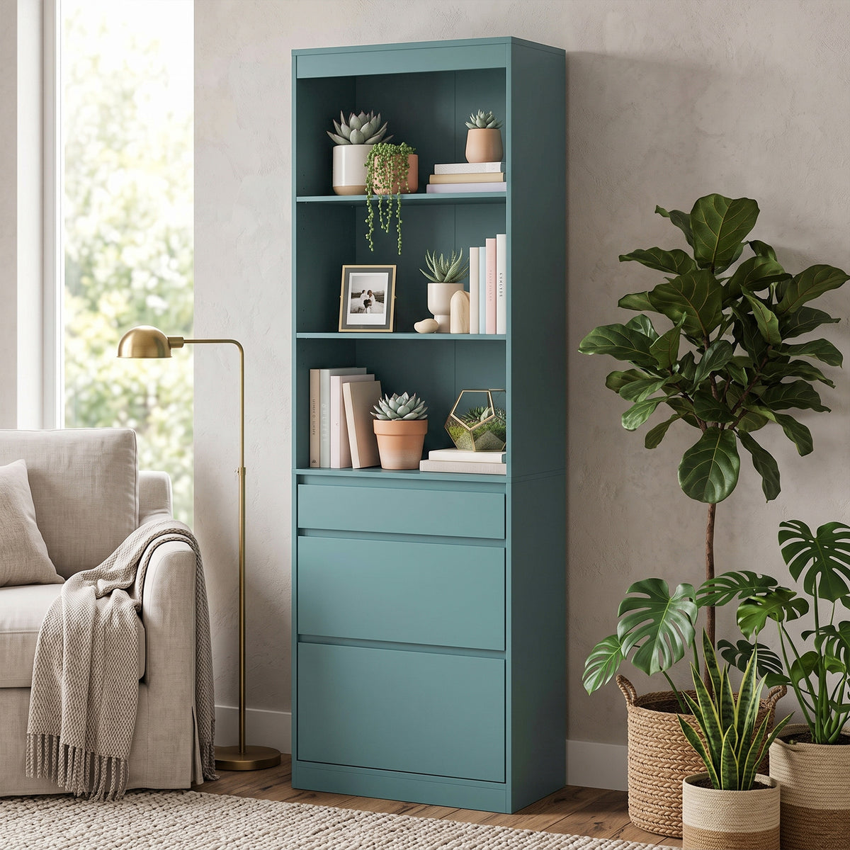 Light green narrow bookcase with open shelves and three stacked drawer sections