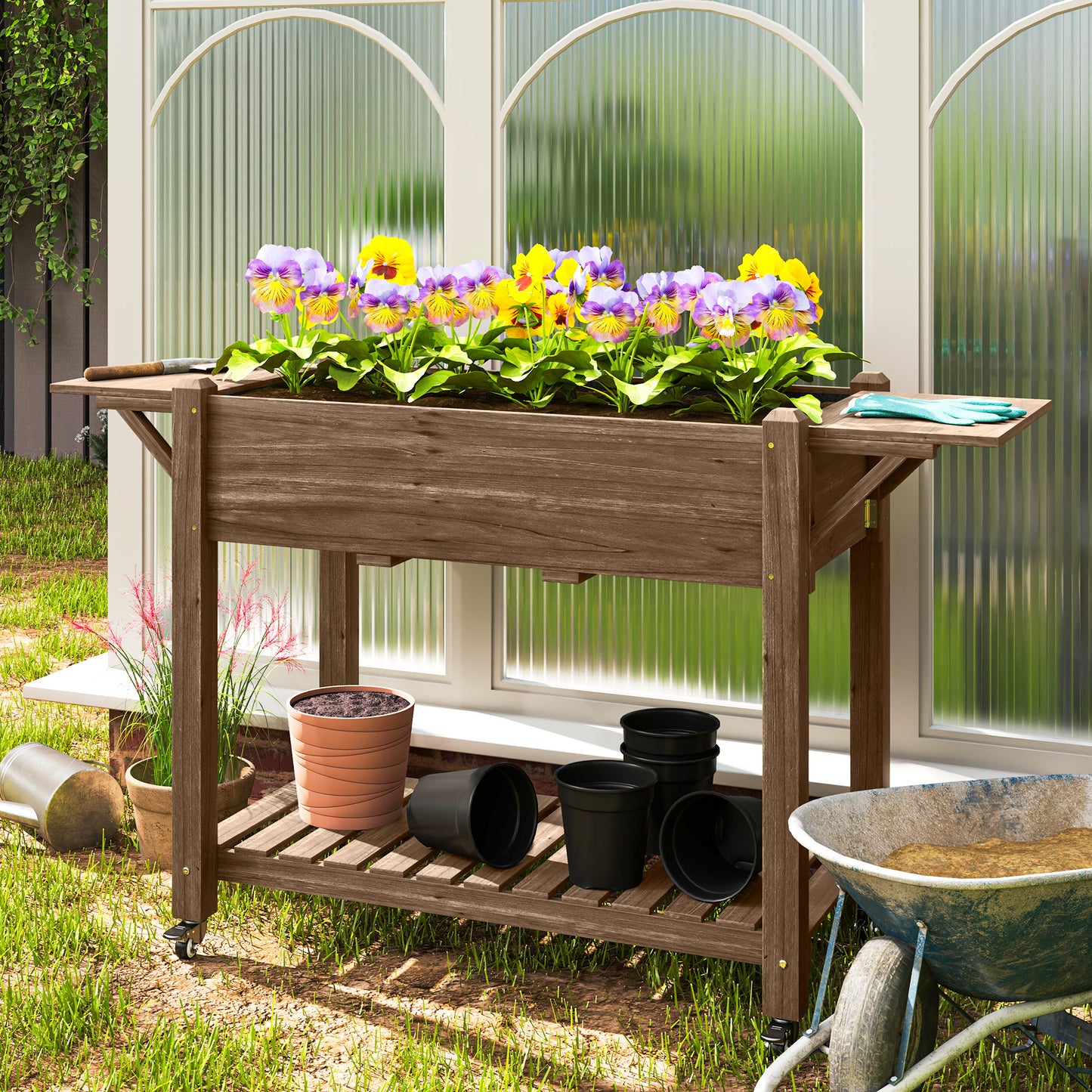 Outsunny 46 x 94 Cm Wooden Raised Planter With Shelves Carbonised Finish For Garden