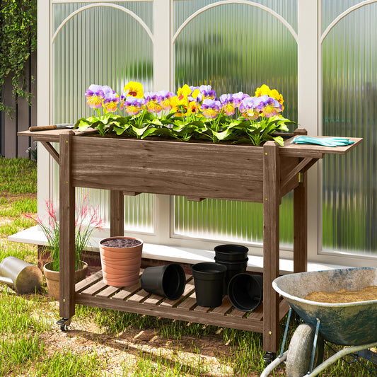 Outsunny 46 x 94 Cm Wooden Raised Planter With Shelves Carbonised Finish For Garden