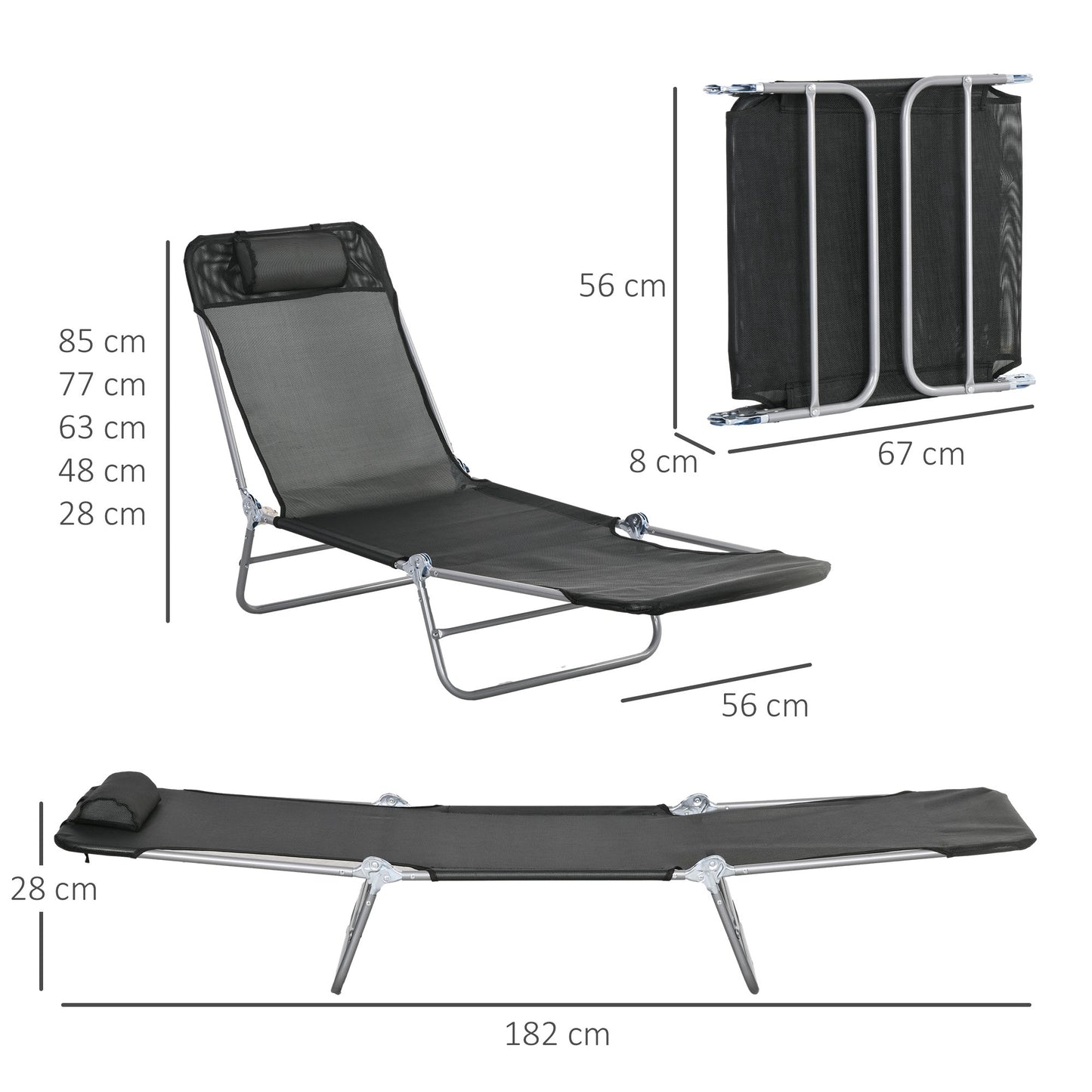 Outsunny Set of Two Adjustable Folding Sun Loungers with Steel Frame - Black - ALL4U RETAILER LTD