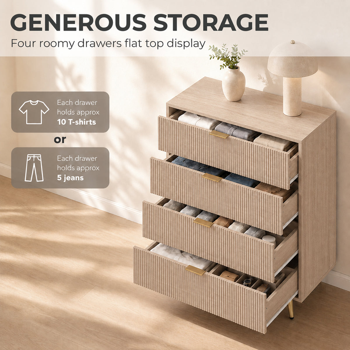 Homcom Bedroom Chest Of Drawers With 4 Drawers Gold Handles Fluted Dresser