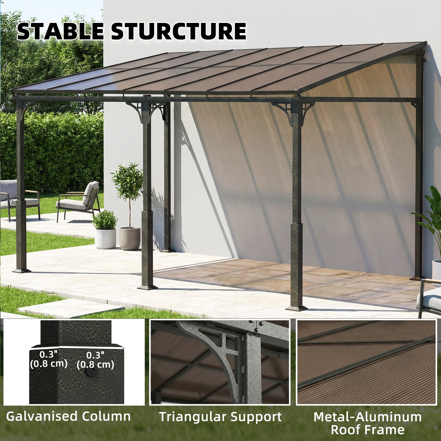 Outsunny 4 x 3 m Metal Lean To Pergola With Polycarbonate Roof Wall Mounted Garden Gazebo Brown