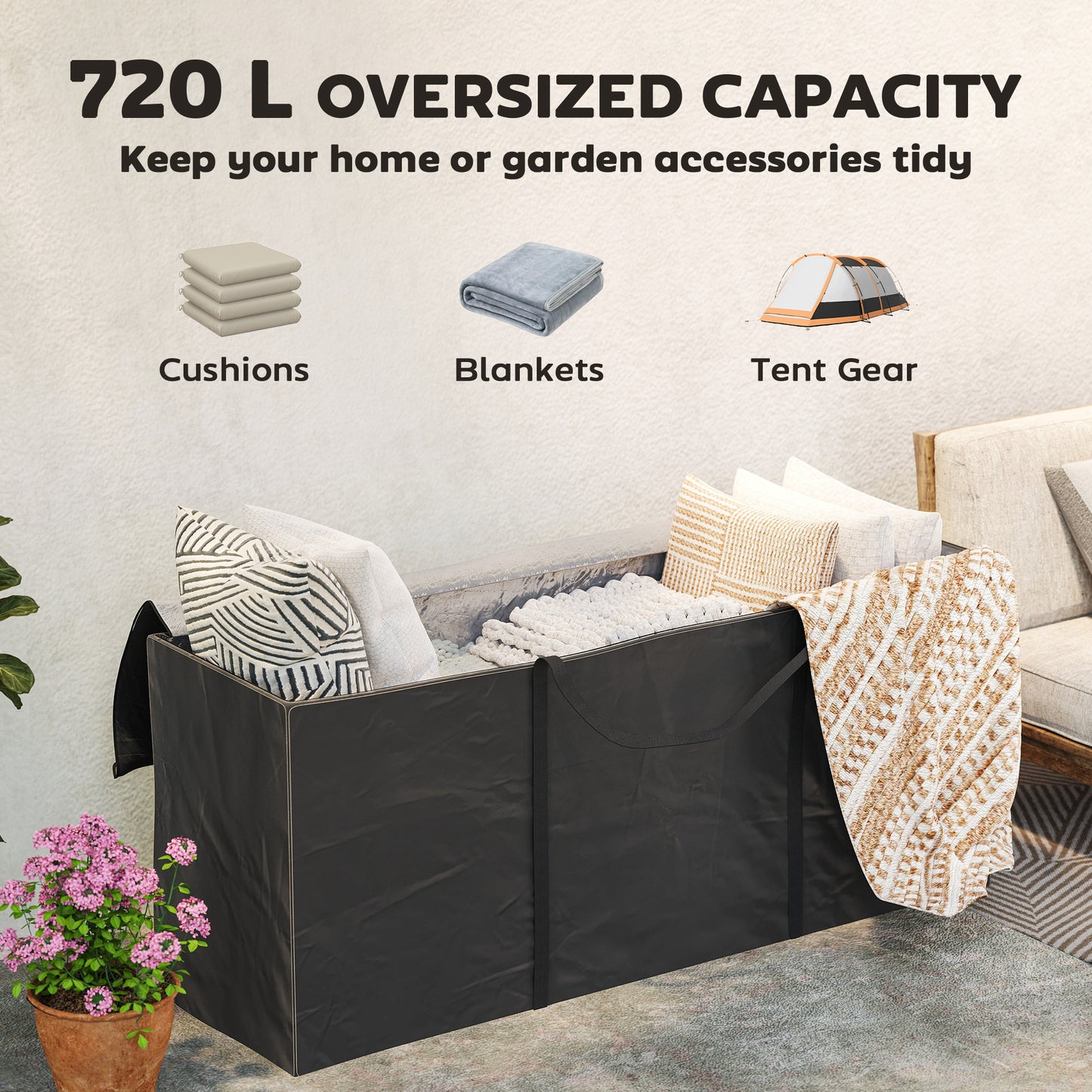 Outsunny 720 L Waterproof Garden Cushion Storage Bag Black Outdoor Cushion And Patio Accessory Storage