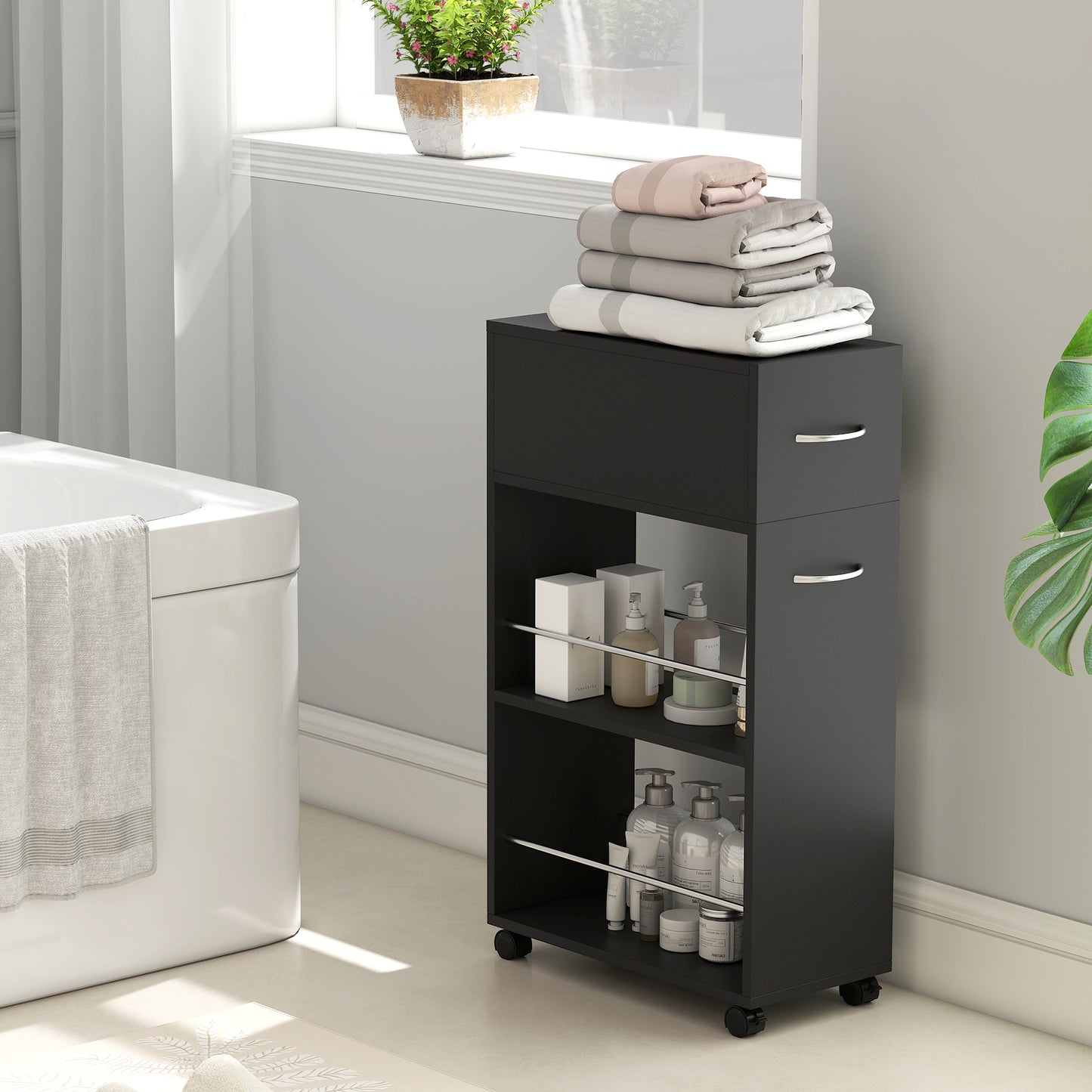 HOMCOM Rolling Storage Cart 3 Tier Kitchen Trolley With Drawer Surface Top And 4 Universal Wheels Black
