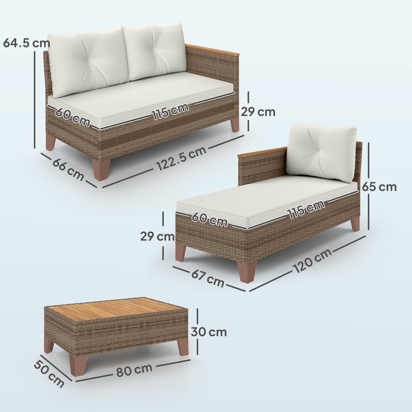 Outsunny 3 Piece Rattan Garden Furniture Set L Conversation Chaise Lounge With Wood Top Coffee Table And Cream Cushions