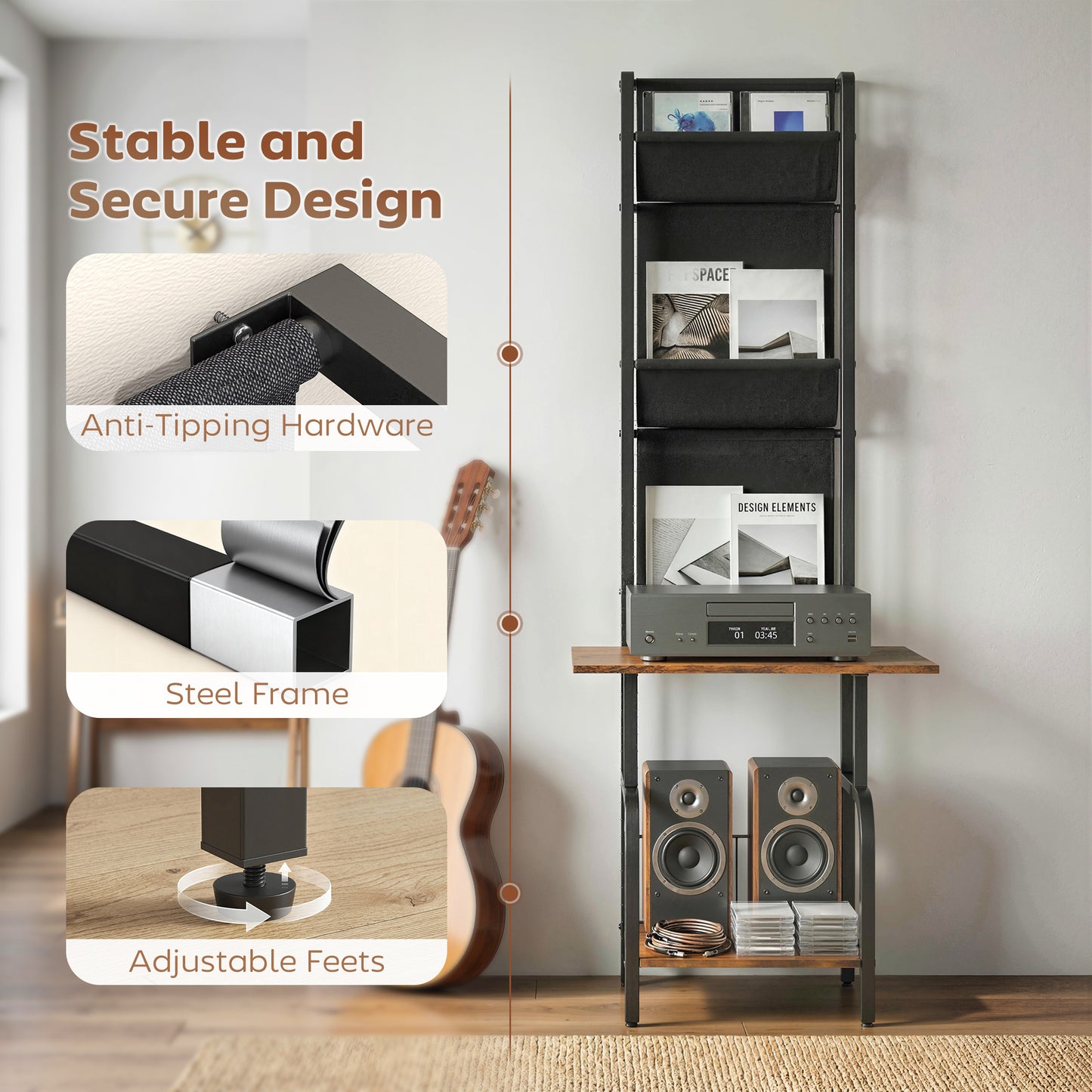 HOMCOM Vertical Vinyl Record Player Stand With Oxford Fabric Pockets Storage And Bottom Shelf Rustic Brown And Black