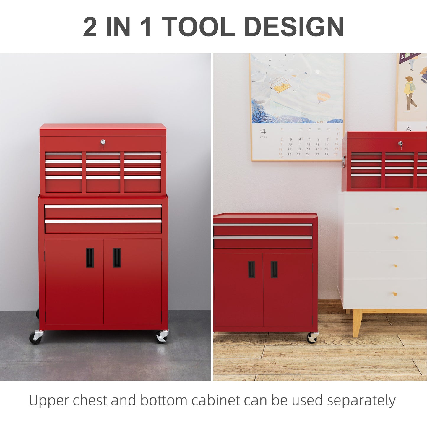 HOMCOM Rolling Metal Tool Chest with 6 Drawers and Lockable Cabinet for Garage and Workshop, Red - ALL4U RETAILER LTD