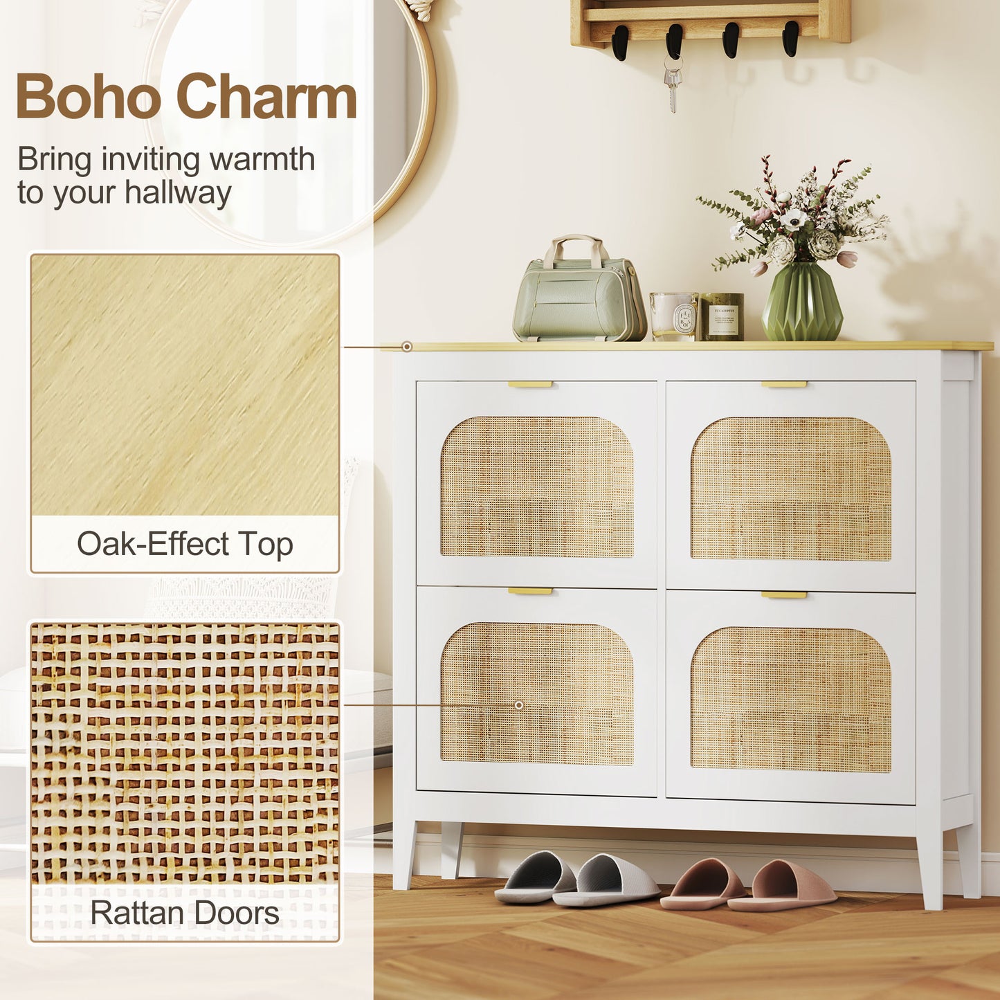 HOMCOM Narrow Boho Rattan Shoe Cabinet With 4 Flip Drawers Holds 20 Pairs White Entryway Storage