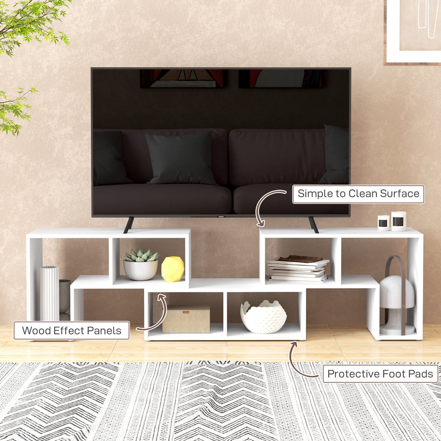 HOMCOM Three Block Modular TV Stand White Wood Effect With Six Shelves For Up To 75 Inch Screens