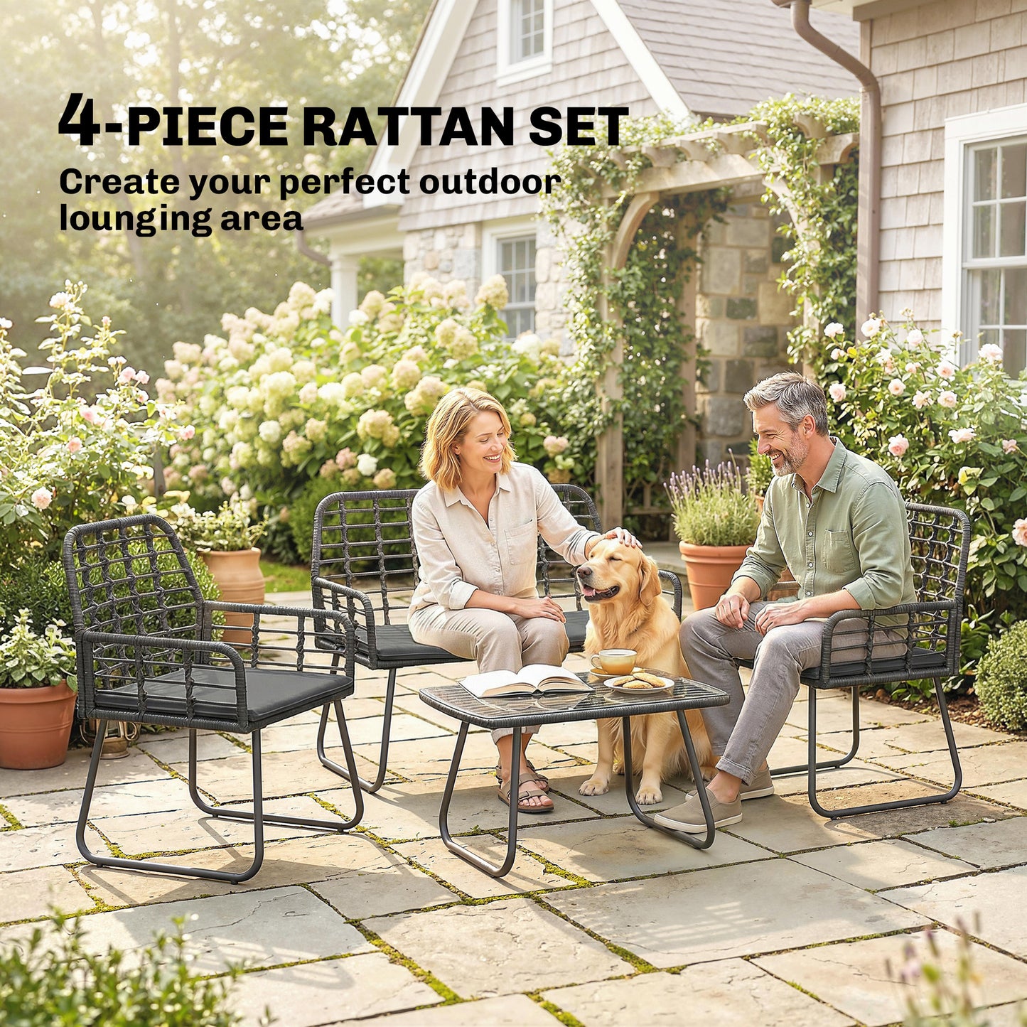 Outsunny 4 Piece Rattan Garden Furniture Set For Patio With Loveseat Armchairs And Coffee Table