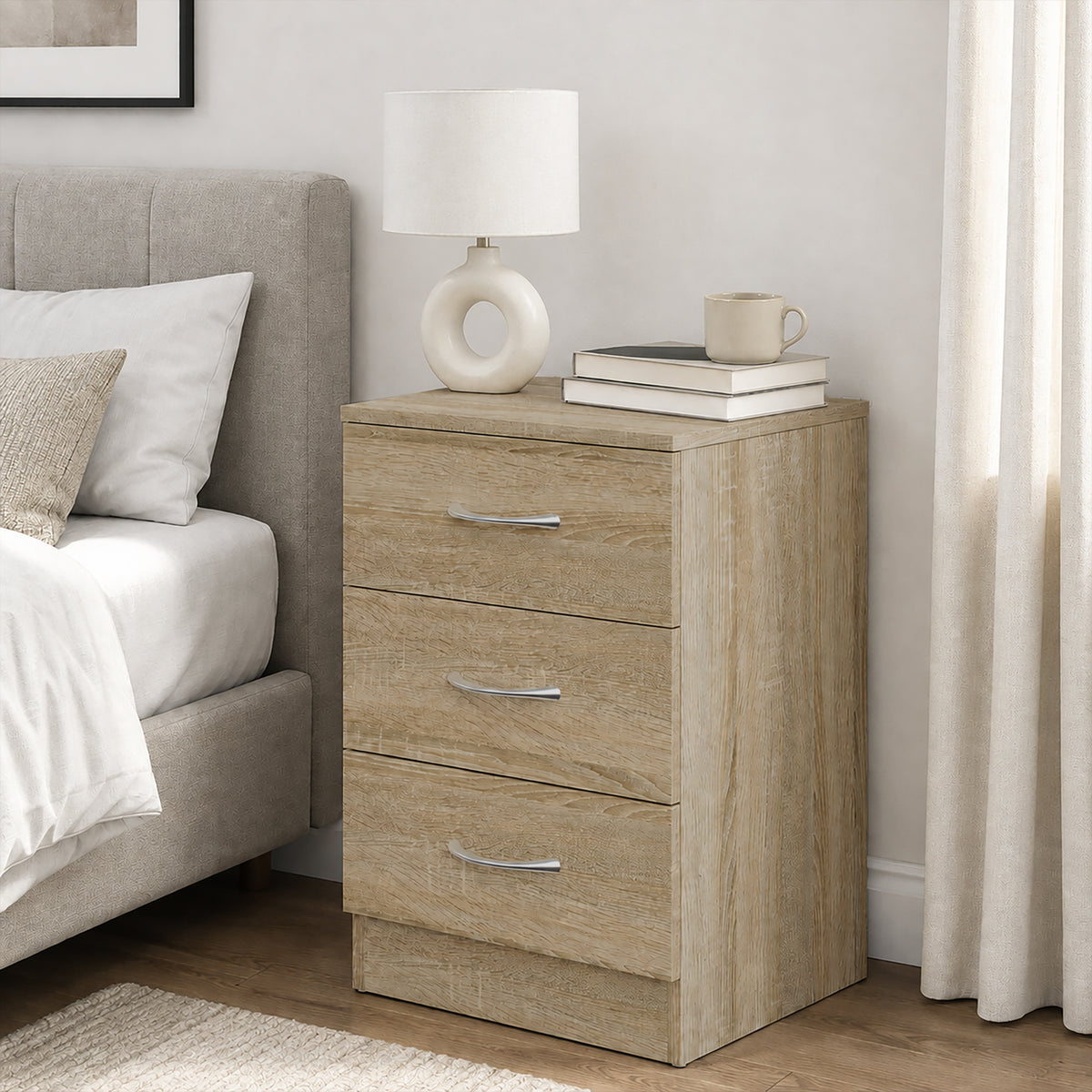 HOMCOM Oak Three Drawer Bedside Table Nightstand with Storage