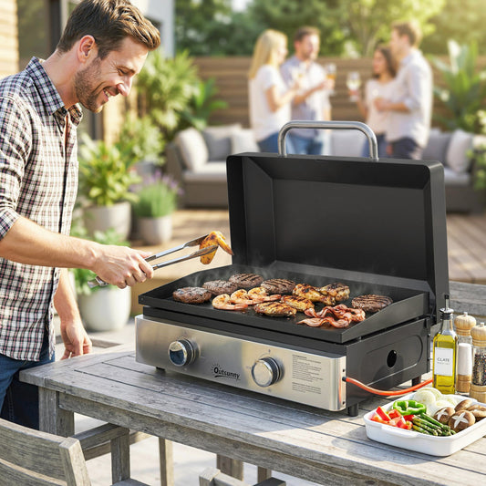 Outsunny 2 Burner Grill Griddle Portable Gas Plancha 6 kW Tabletop BBQ With Grease Cup For Camping Picnic Patios Black