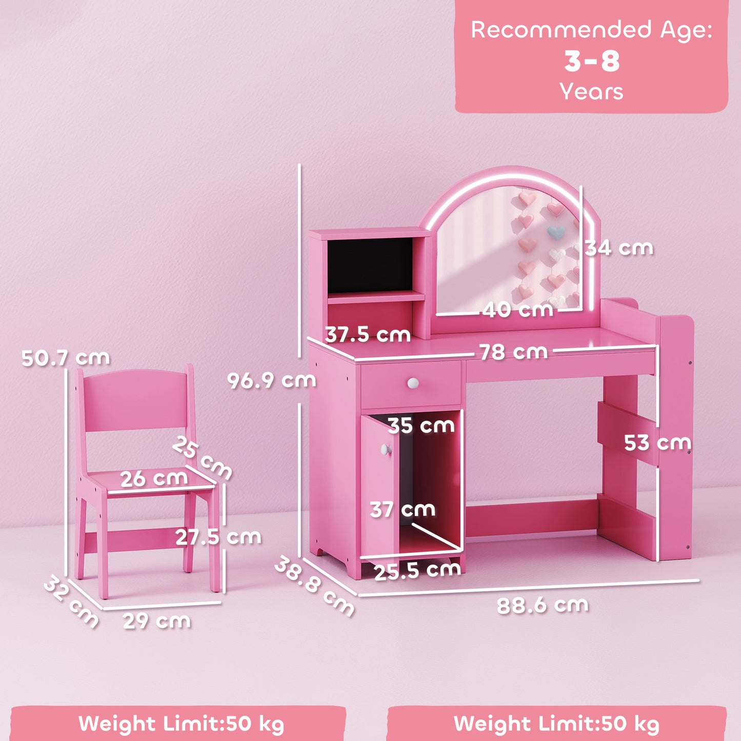 AIYAPLAY Kids Vanity Table and Chair Set with LED Mirror Pink and Storage Includes Stool Cabinet Drawer Shelves