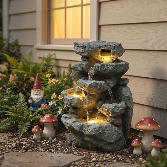 Outsunny Outdoor Fountain With 6 Tier Rock Design Waterfall Feature LED Lights Resin Freestanding Garden Fountain Grey