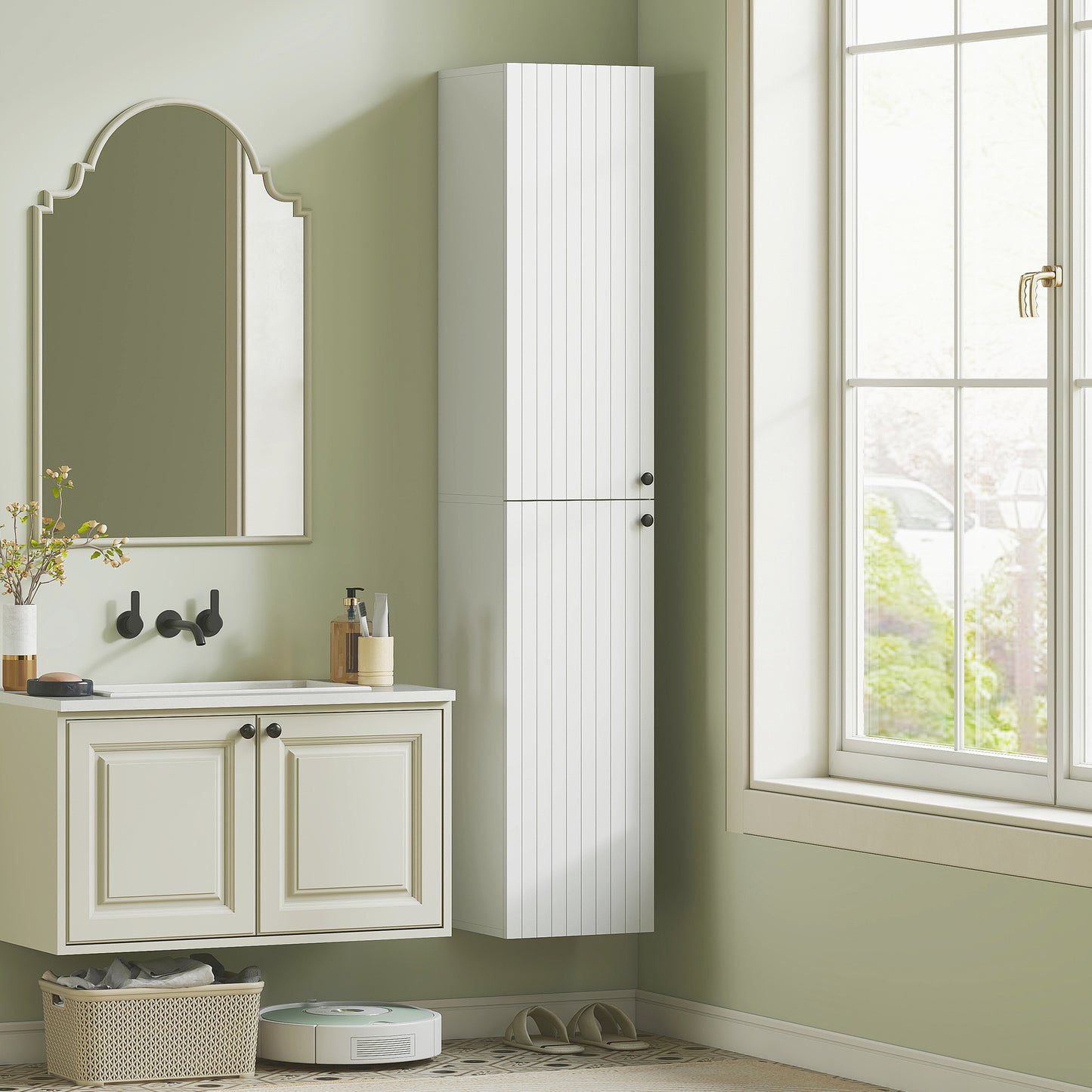 HOMCOM Wall Mounted Tall Bathroom Storage Cabinet With Soft Close Hinges Slim Two Door Bathroom Cabinet White