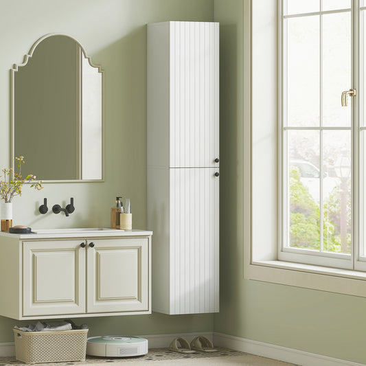 HOMCOM Wall Mounted Tall Bathroom Storage Cabinet With Soft Close Hinges Slim Two Door Bathroom Cabinet White