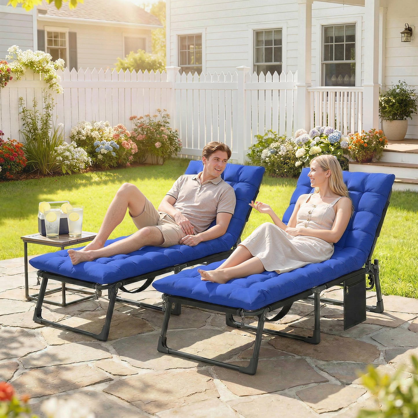 Outsunny Folding Sun Loungers Set of 2 for Garden 5 Position Oversized Camping Bed Recliners With Cushions Blue