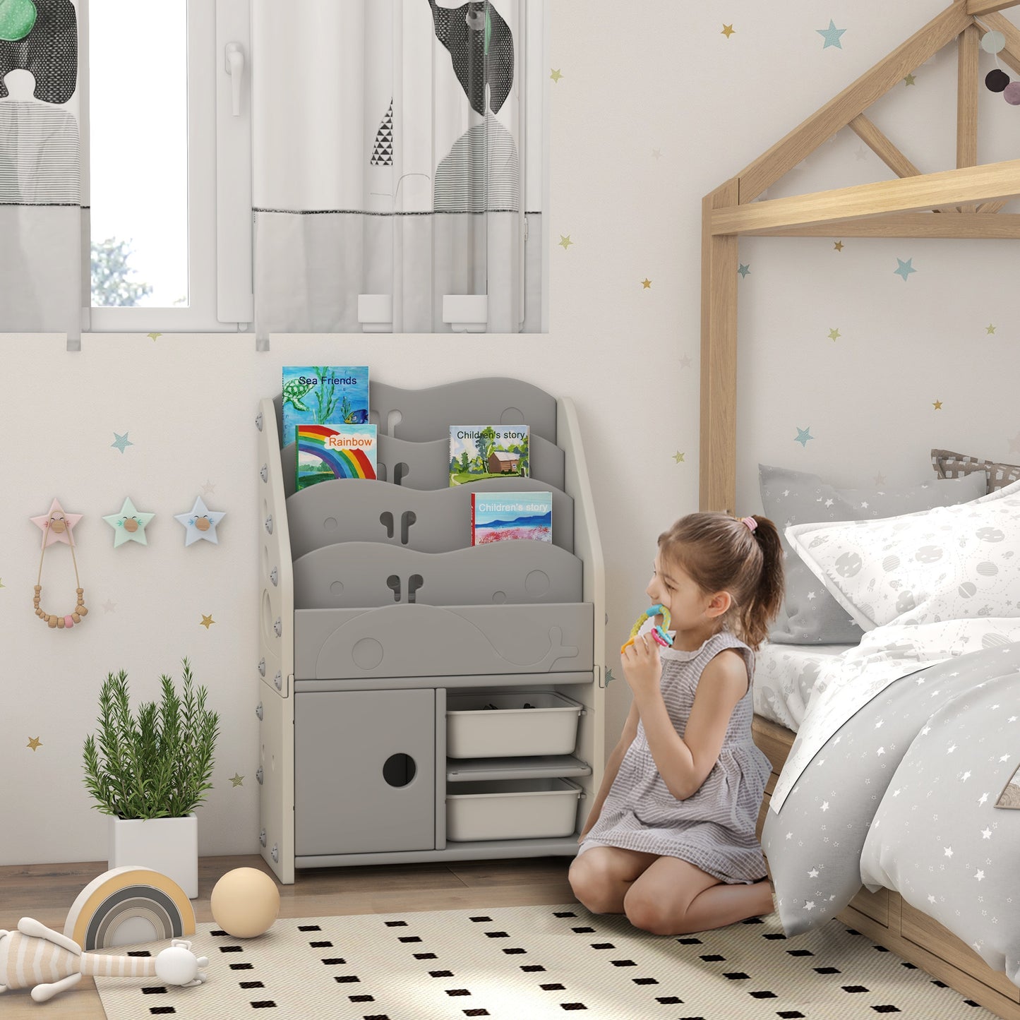 HOMCOM Light Grey 4-Tier Kids Storage Unit with 2 Boxes and Cabinet, 67 x 29 x 98cm - ALL4U RETAILER LTD