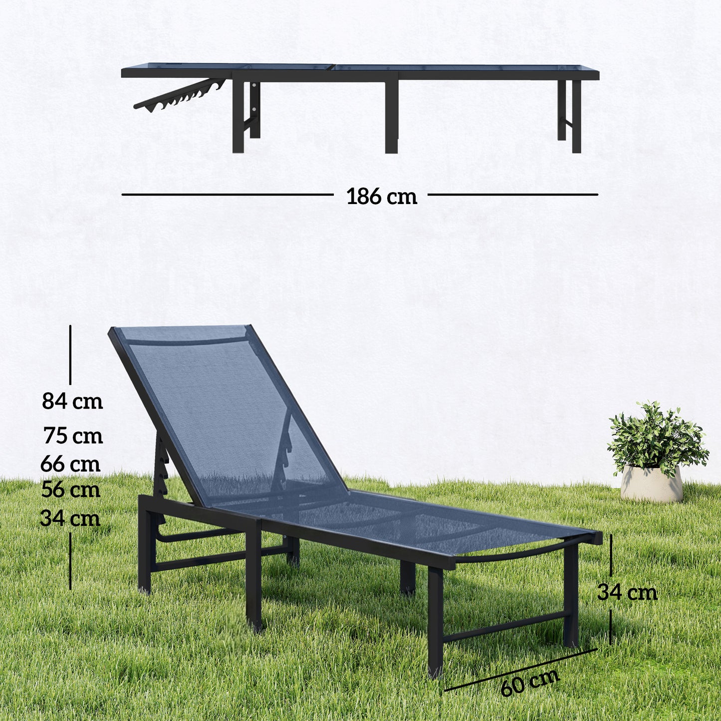Outsunny Reclining Sun Lounger Dark Blue for Garden with Five Position Backrest and Texteline Seat