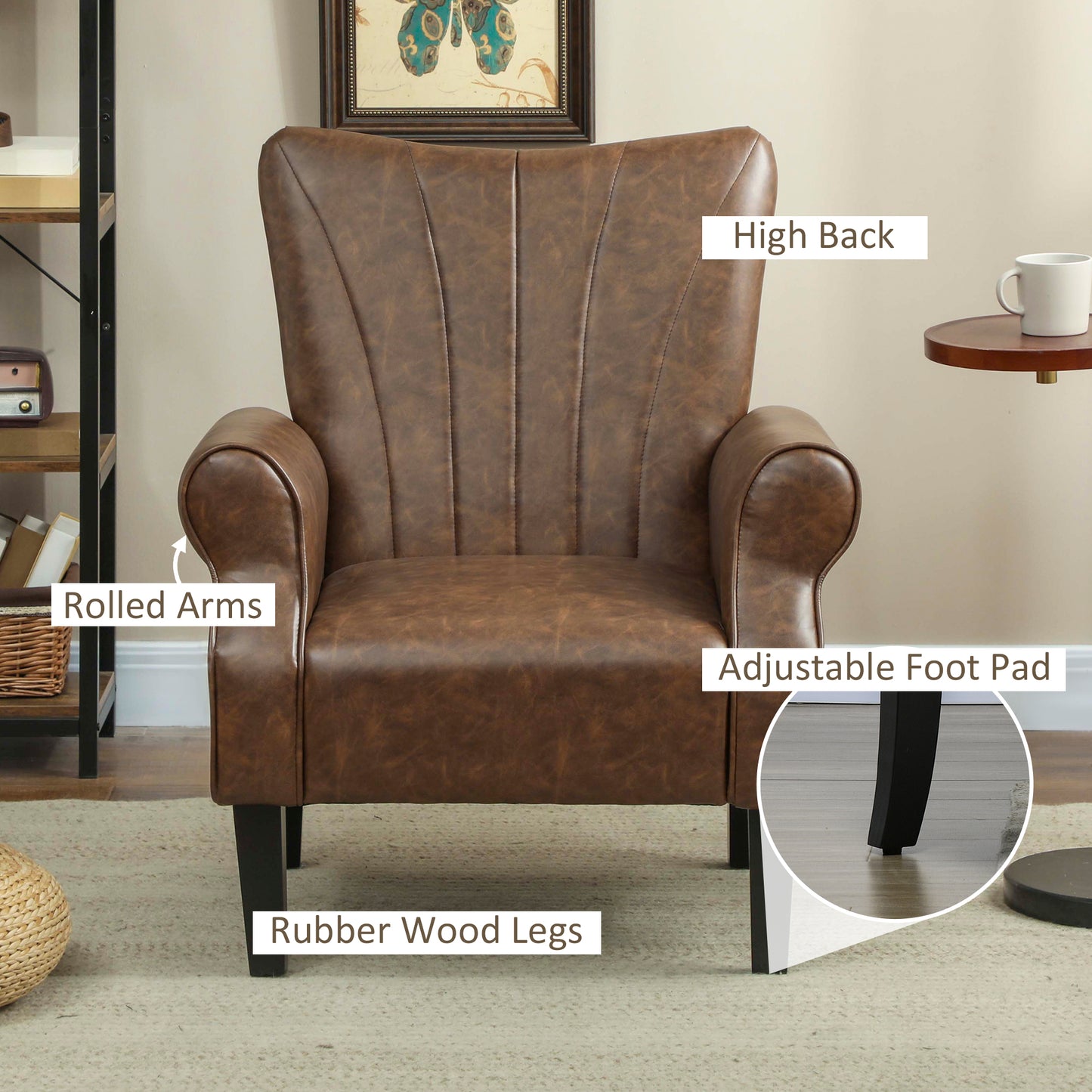 HOMCOM Upholstered Accent Chair With Rolled Arms And Wood Legs For Living Room And Bedroom Brown