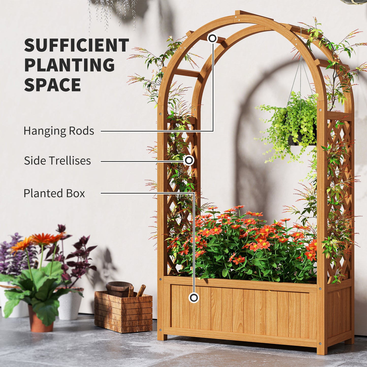 Outsunny Wooden Raised Garden Bed with Trellis Liner and Drainage Holes for Vine Climbing Plants 83 x 36 x 145 cm