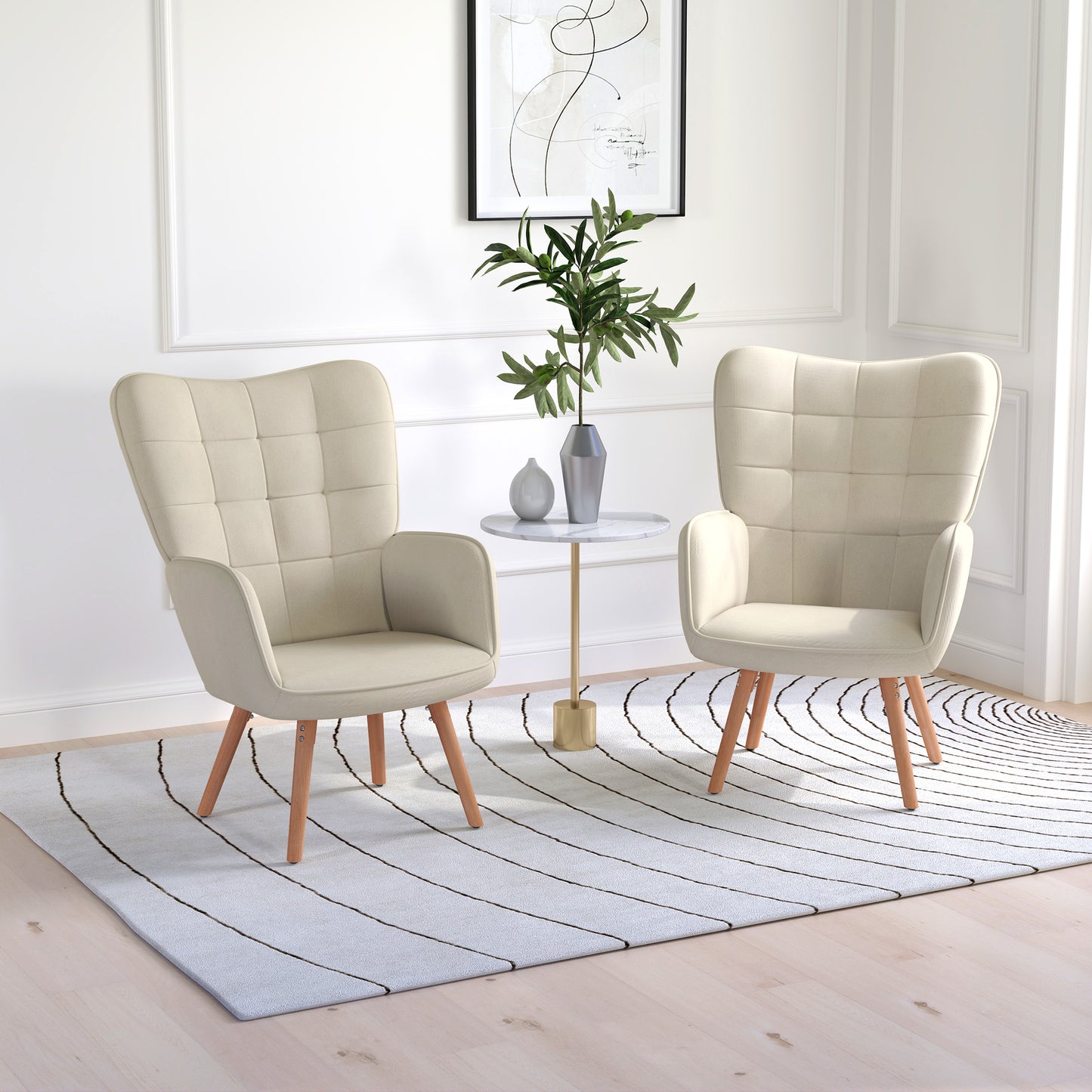 HOMCOM Modern Velvet Touch Wingback Armchairs Set of 2 Cream White Tufted Upholstered Club Chairs With Wood Legs