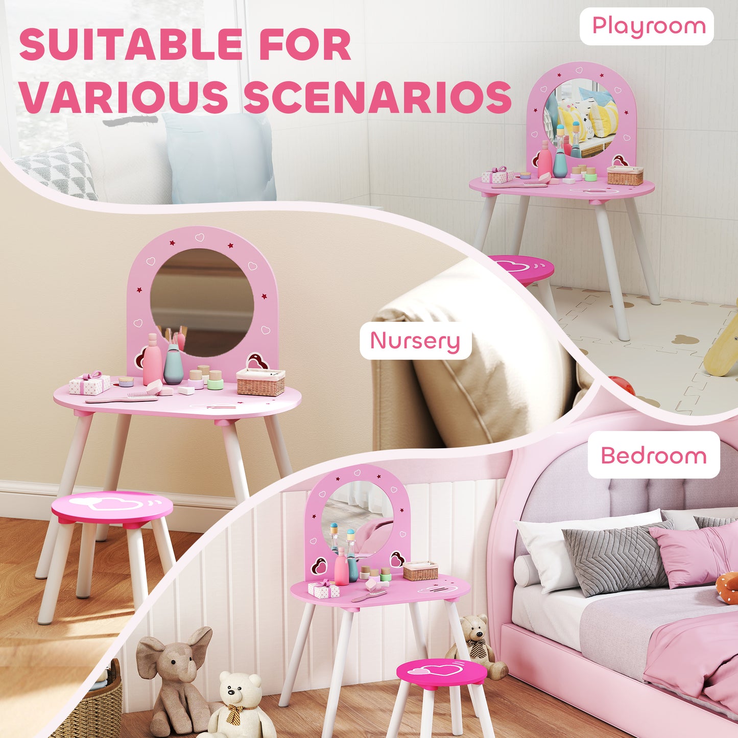 AIYAPLAY Kids Dressing Table With Mirror And Stool Vanity Set For Girls Ages 3 To 6 Pink