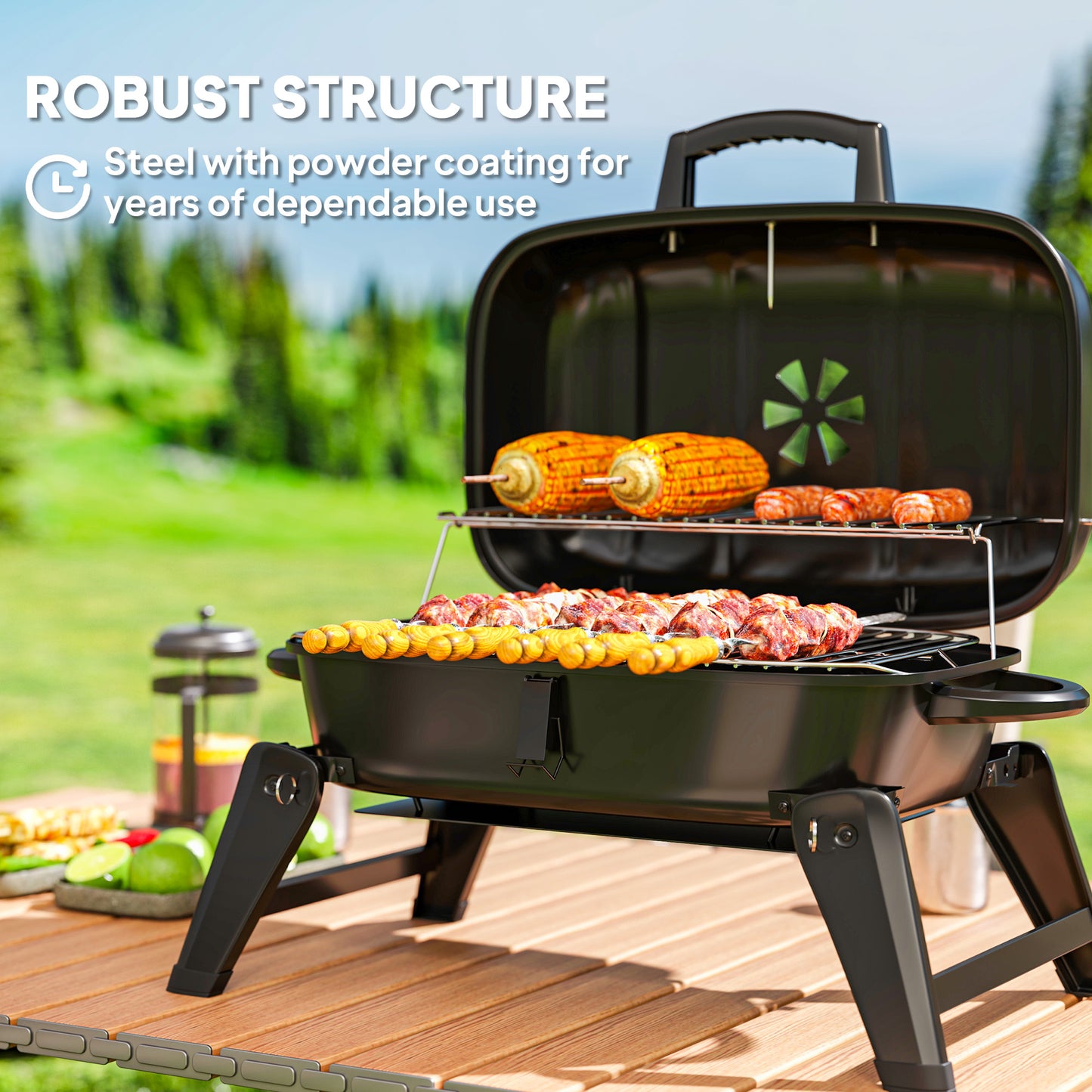 Outsunny Charcoal Folding Grill With 1232 Cm2 Cooking Area Adjustable Vent Thermometer Handles For Camping Picnic Black