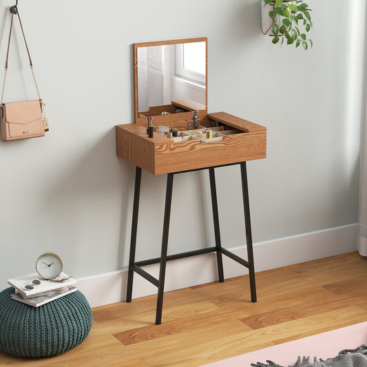HOMCOM Vanity Desk With Flip Up Mirror And 16 Small Compartments Natural Wood Effect Dressing Table For Bedroom