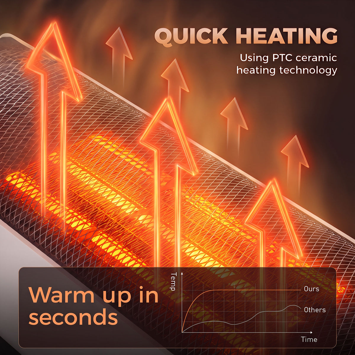 Tower heater heating element view with glowing airflow lines and orange heat effect